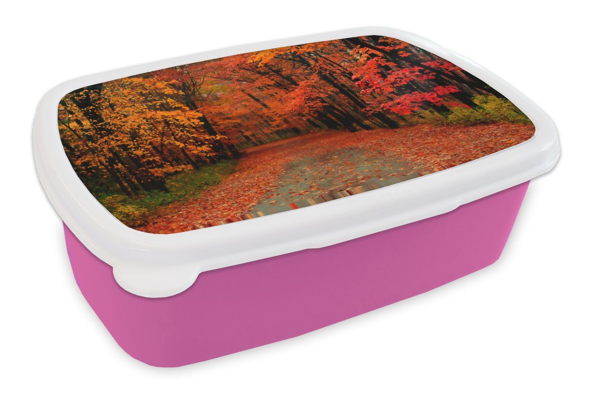 MuchoWow Lunchbox Herbst - Wald - Laub, Kunststoff, (2-tlg), Brotbox für Erwachsene, Brotdose Kinder, Snackbox, Mädchen, Kunststoff rosa