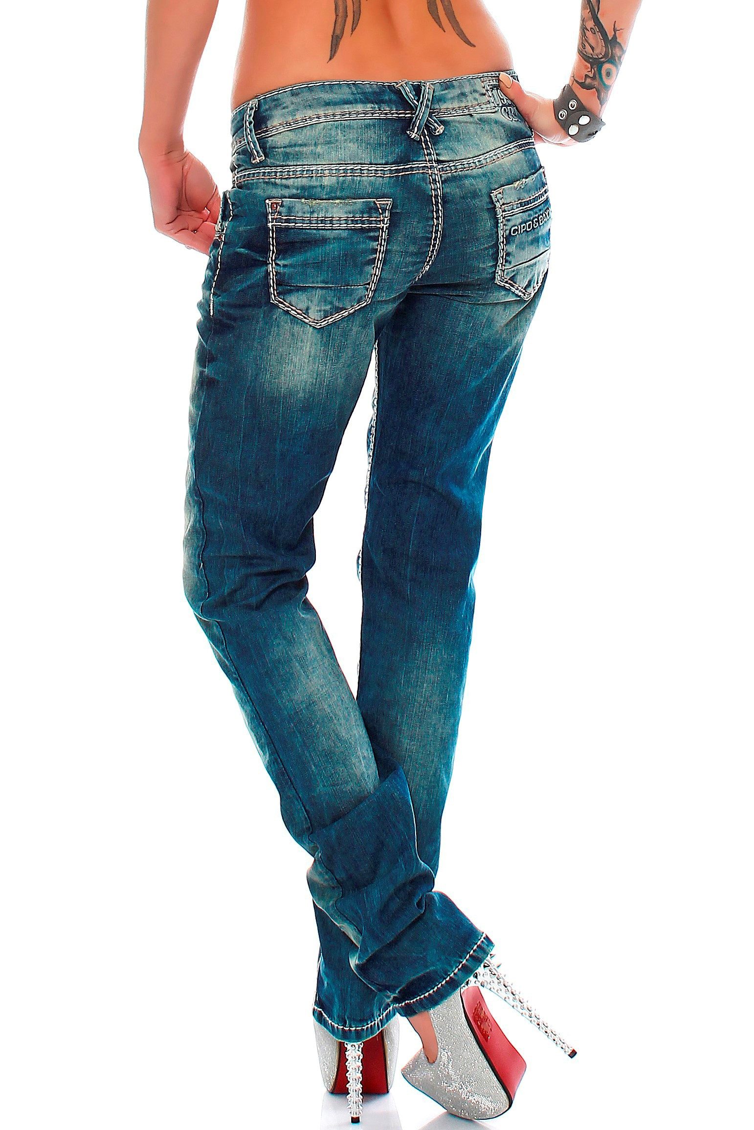 Cipo & Baxx Slim-fit-Jeans Damen Slim Fit Hose Stonewashed BA-WD153 Zweifarbige Ziernähte – Bild 3 von 4