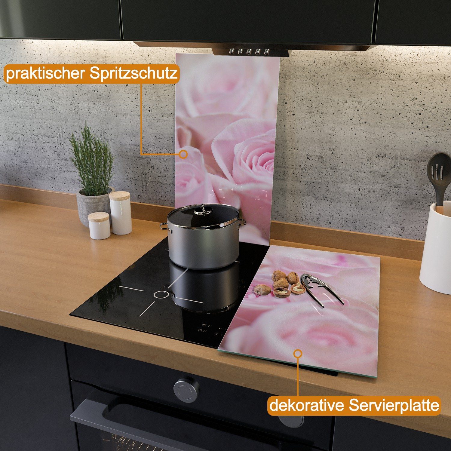Wallario Herd-Abdeckplatte Rosafarbene Rosenblüten im Strauß, ESG-Sicherheitsglas, (Glasplatte, 2 tlg., inkl. 5mm Noppen), verschiedene Größen