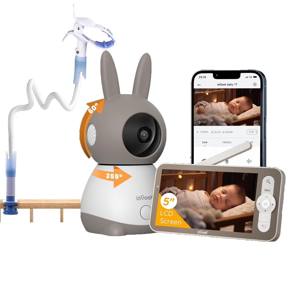 Babyphone 5 Zoll Babyphone mit Kamera 2K/3MP, 360 ° WLAN Video Babyfon mit App