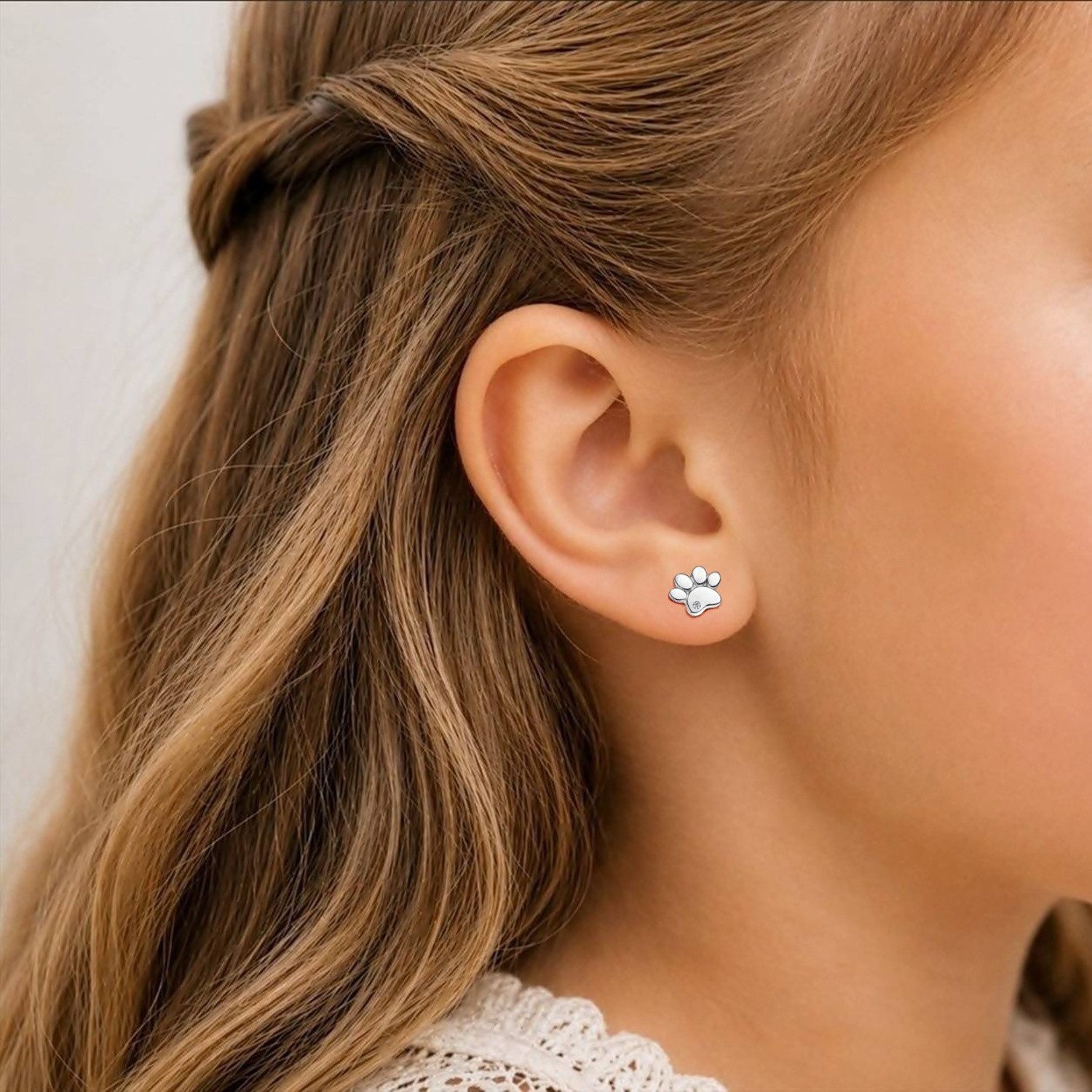 Goldene Hufeisen Paar Ohrstecker Pfoten 925 Silber mit Zirkonia Tierpfoten Ohrringe (1 Paar, inkl. Etui), Silberschmuck für Kinder und Damen – Bild 3 von 4