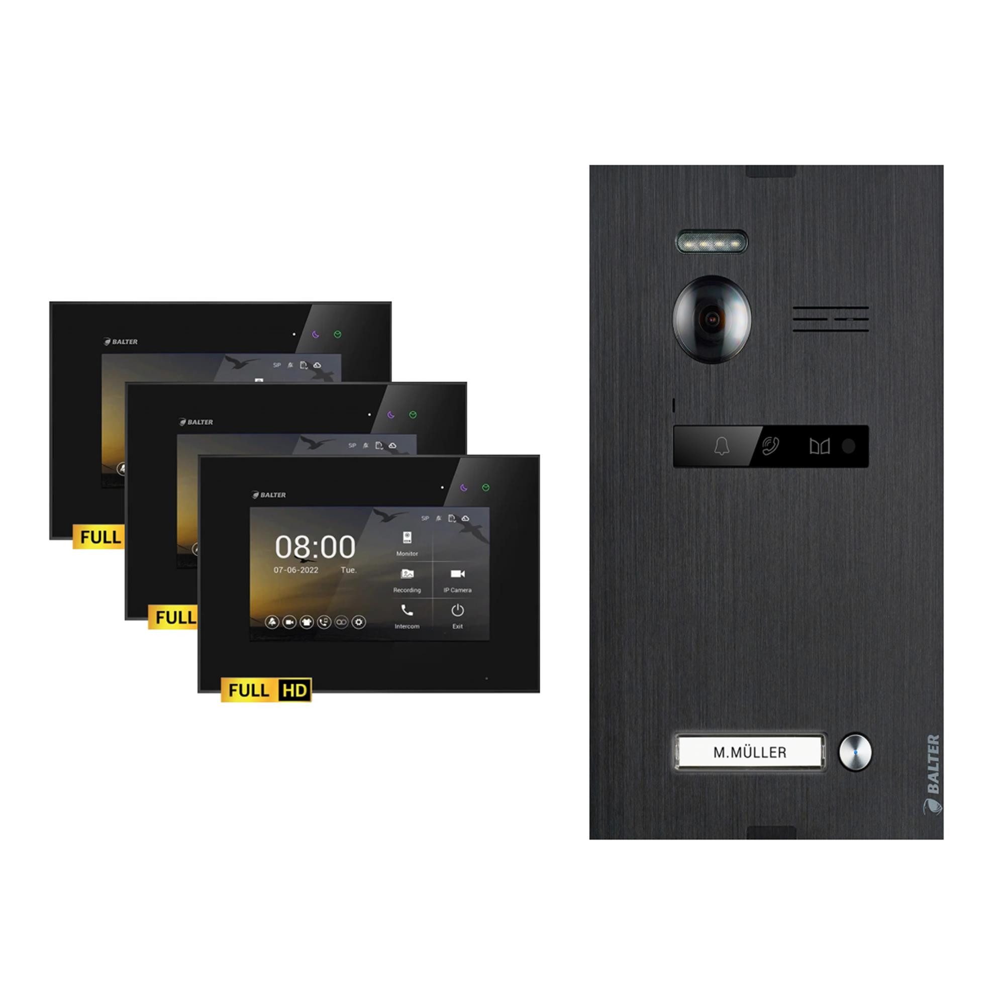 Balter Video-Türsprechanlage EVO-HD Komplettset 1-Familie Schwarz 3x 7" Monitore Schwarz (Set, 1-Familienhaus, Komplettset, FullHD Kamera)