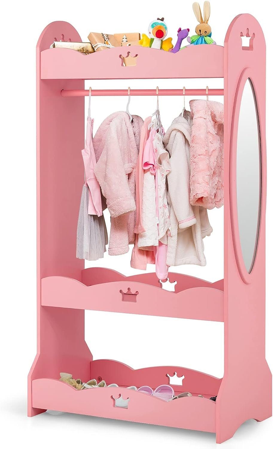 KOMFOTTEU Kleiderschrank mit Spiegel mit 3-stufige Trennwänden & Kleiderstange