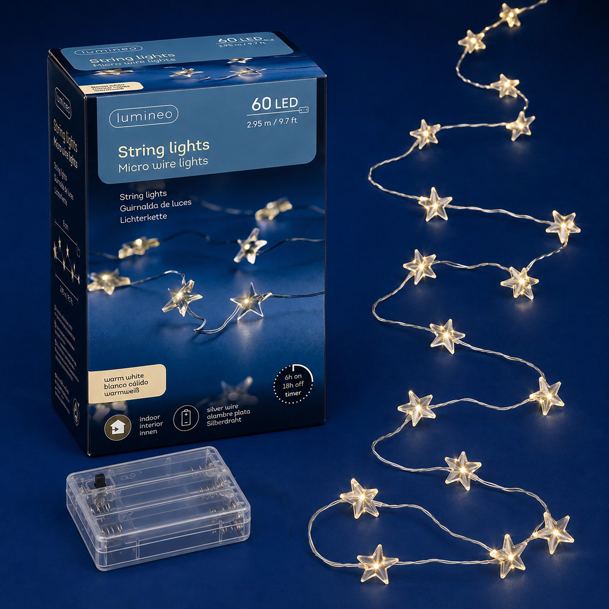 Lumineo LED-Lichterkette, LED Draht Lichterkette 2,95m mit Sternen 60 Micro-LEDs Warmweiß Silber