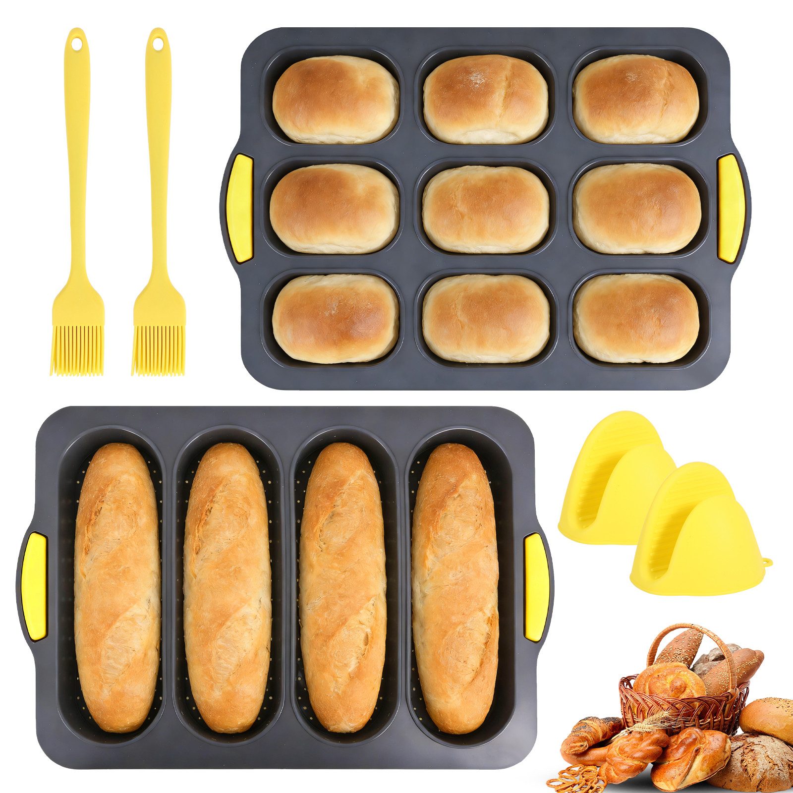 BlingBin Silikonform 2 Stück Brotbackform, 4/9 Hohlräume Antihaft Brötchen Backform, (6er Set 2-tlg), Silikon Baguetteblech mit Isolationshandclip und Ölpinsel für Brot