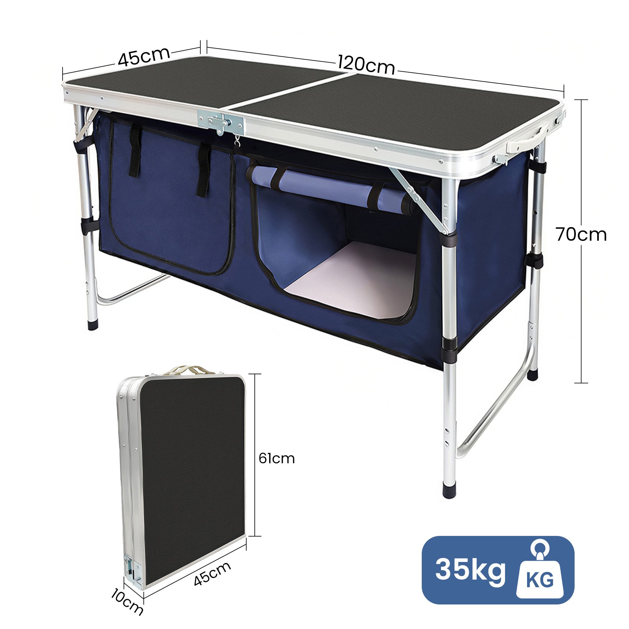 DAITORE Campingschrank Campingküche Faltbar, Leicht Campingschrank mit Aluminiumgestell Campingtisch Klappbar mit 2 Große Staufächer