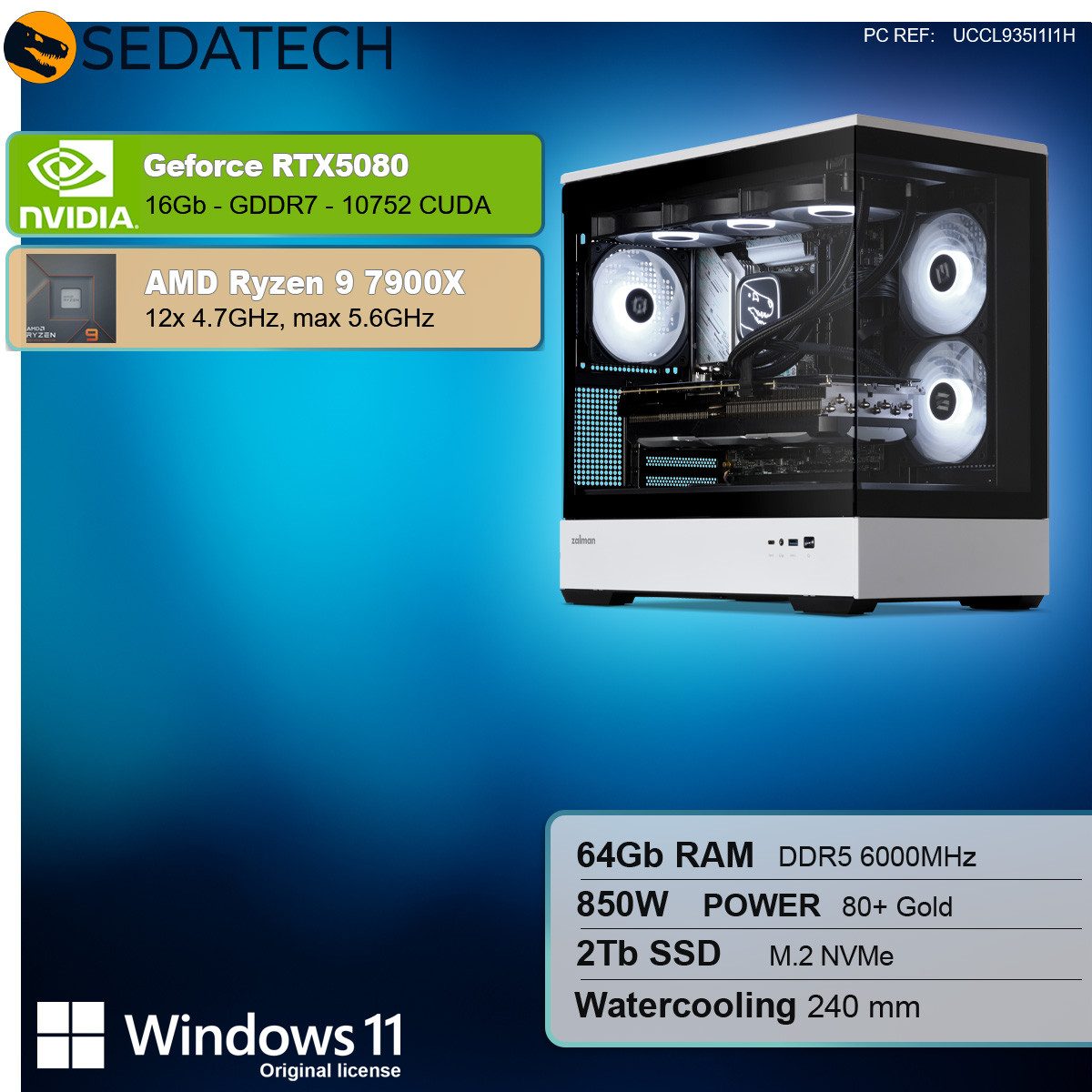 Sedatech UCCL935I1I1HF - Watercooling Gaming-PC (AMD Ryzen 9 7900X 12x 4.7GHz (max 5.6GHz), Geforce RTX5080 16GB, 64 GB RAM, 2000 GB SSD, Watercooling, Wlan 6E)