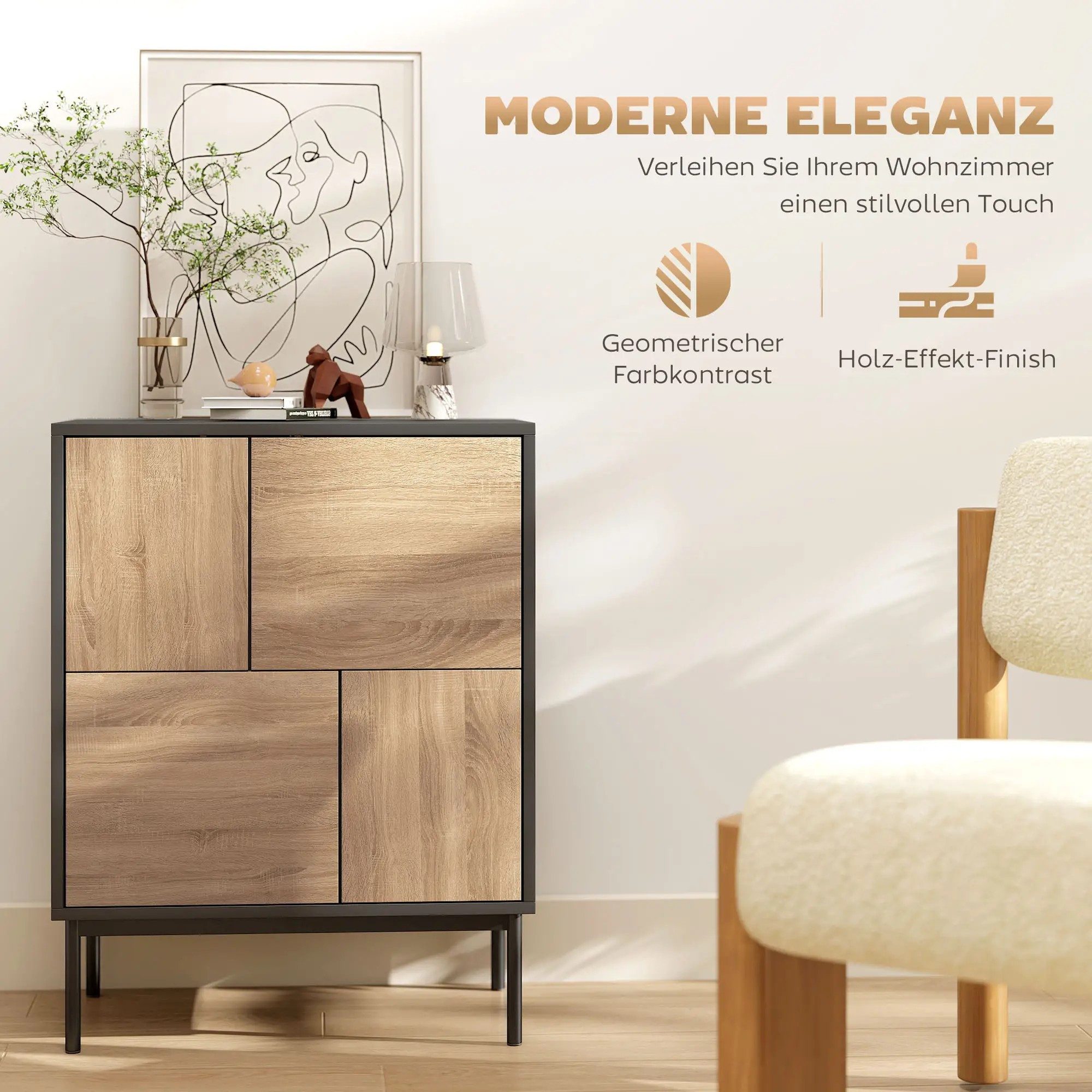 BlingBin Sideboard Kommode mit Push-to-Open-Türen, Moderner Küchenschrank Buffetschrank (1er Set, 1 St., 60cm x 35cm x 78cm), Aufbewahrungsschrank mit Metallbeine für Küche, Esszimmer, Wohnzimmer