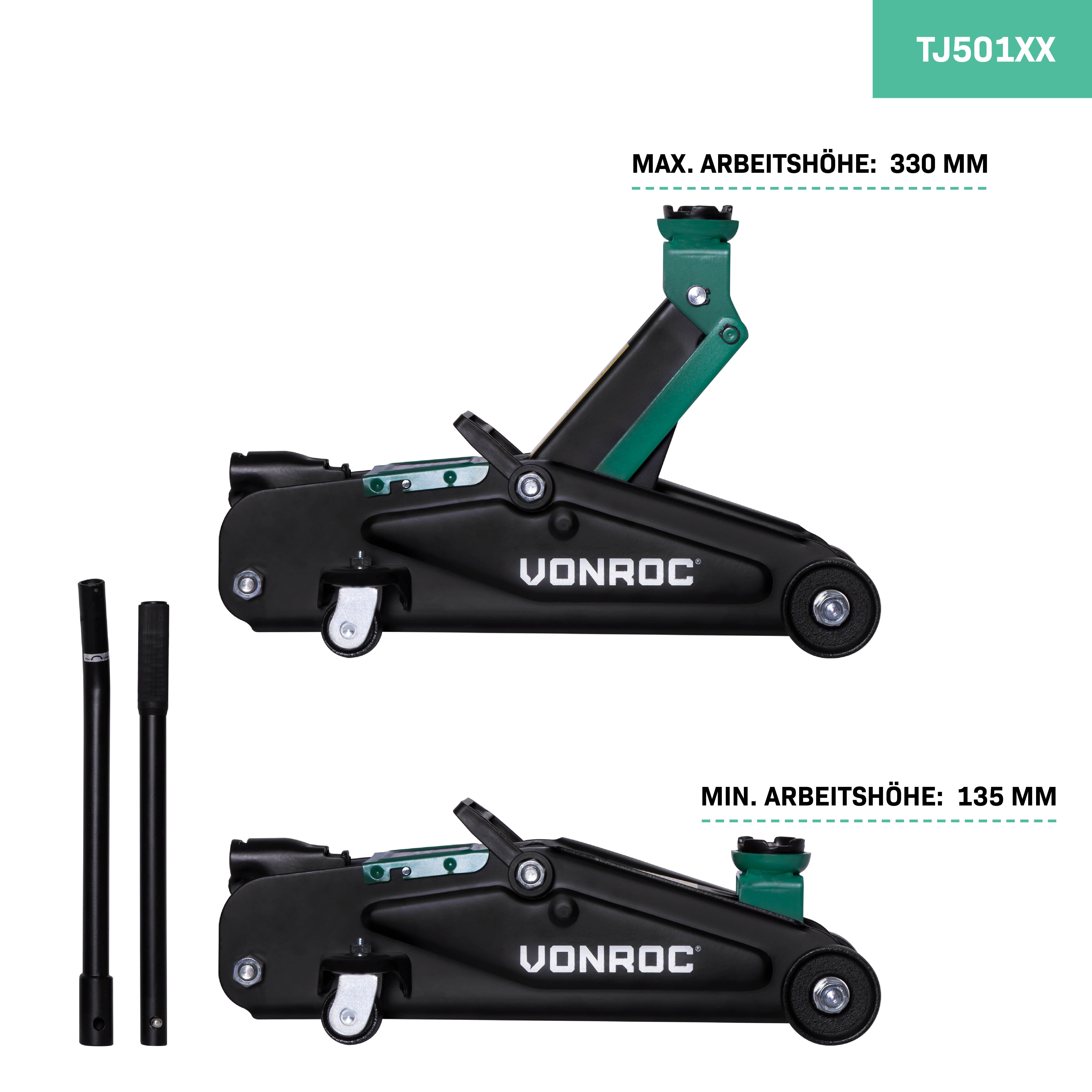 VONROC Wagenheber hydraulisch 2T - Rangierwagenheber flach für Auto bis 2 Tonnen, max. Hubhöhe: 33 cm, 7-tlg. – Bild 2 von 5