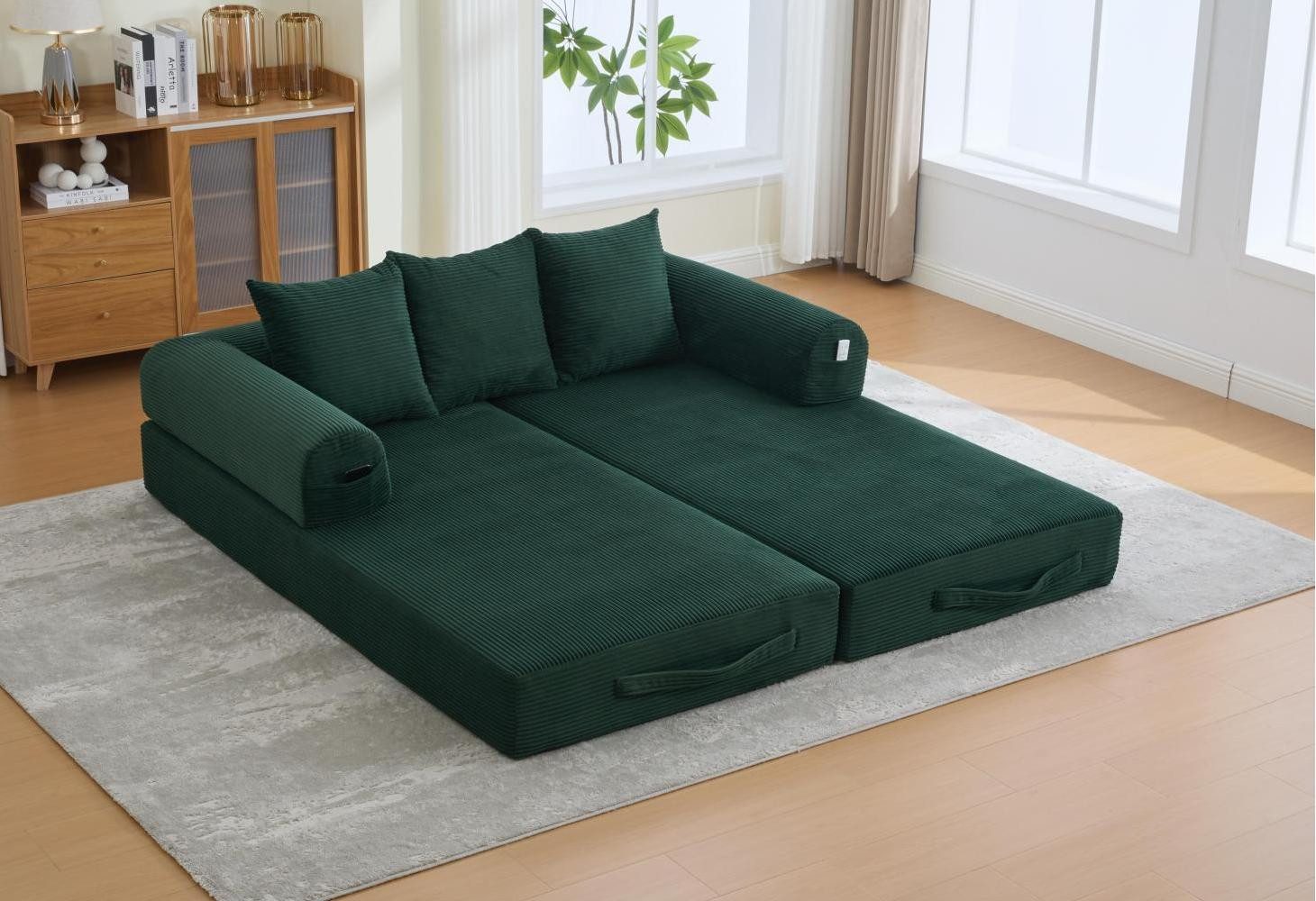 LVHOM Loungesofa faltbar mit Schlaffunktion, Stabil-/abnehmbarer Außenrahmen aus Metall, frei kombinierbar, Liege- oder Klappsofa, 3 Kissen, Hochelastischer Schaumstoff, weicher Cordstoff, Praktische Seitentaschen zur Aufbewahrung, Ideal für flexible Raumgestaltung in Wohn- oder Kleinwohnungen, Tragfähigkeit 300kg, als Gästebett nutzbar,Arbeitszimmer/Wohnzimmer