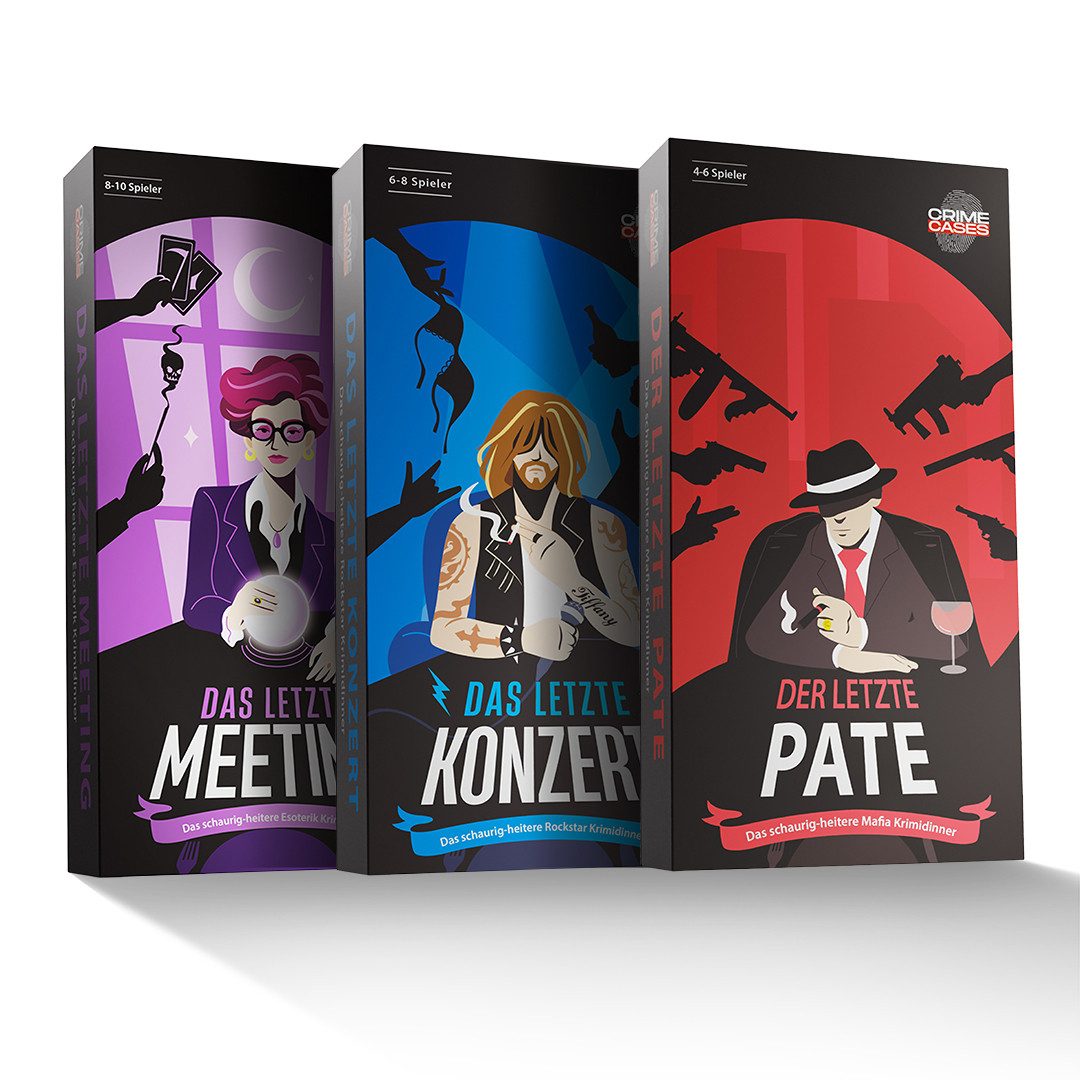 CRIMECASES Hörbuch Krimidinner Spiele 3er Set: 4-10 Spieler, (Mordfall lösen Spiele, Krimispiele), Für 4-10 Personen, begleitende App & Rezeptvorschläge