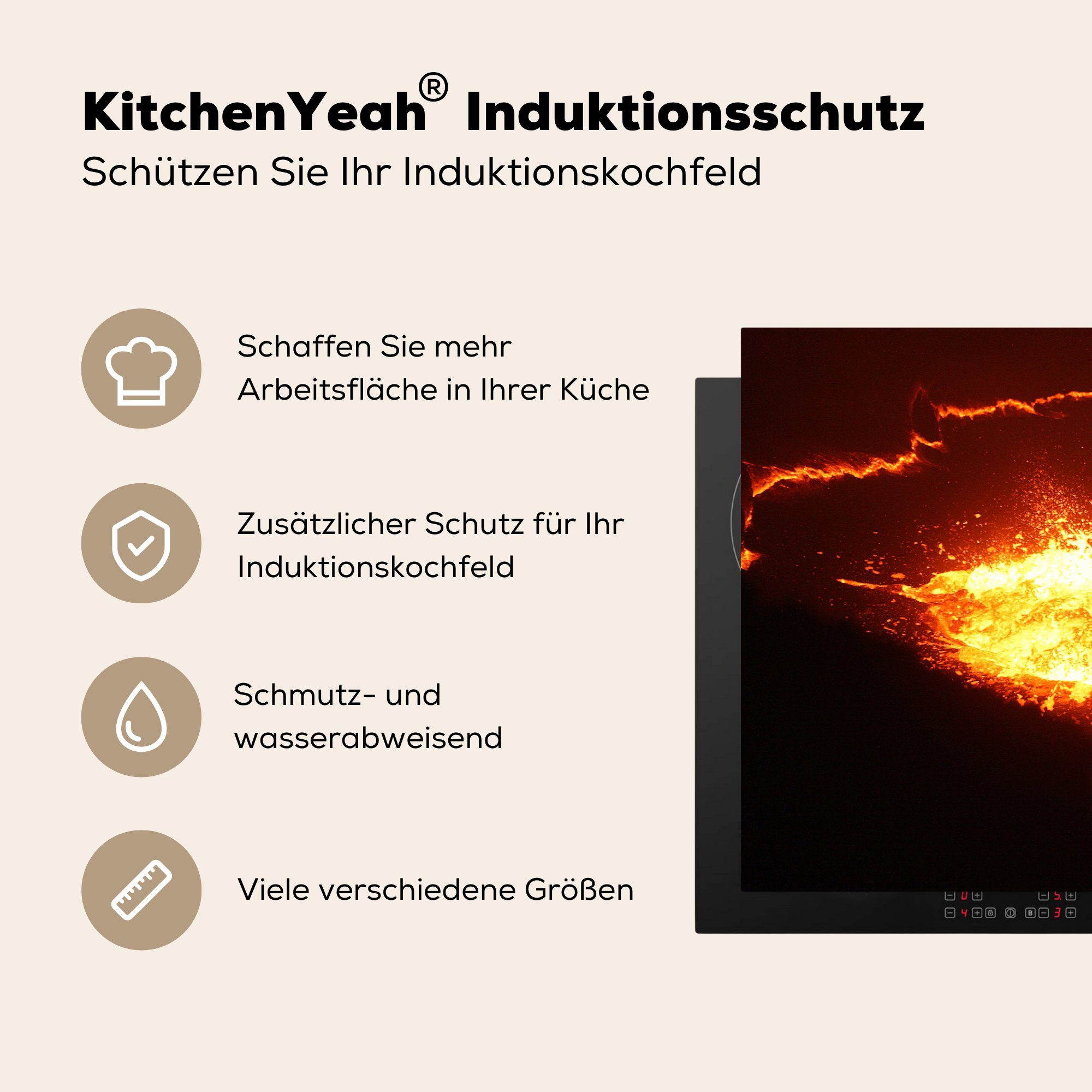 MuchoWow Herdblende-/Abdeckplatte cm, Induktionskochfeld dem tlg), aus die Glühende Ceranfeldabdeckung küche, Vulkan, (1 81x52 für Lava fließt Vinyl, Schutz