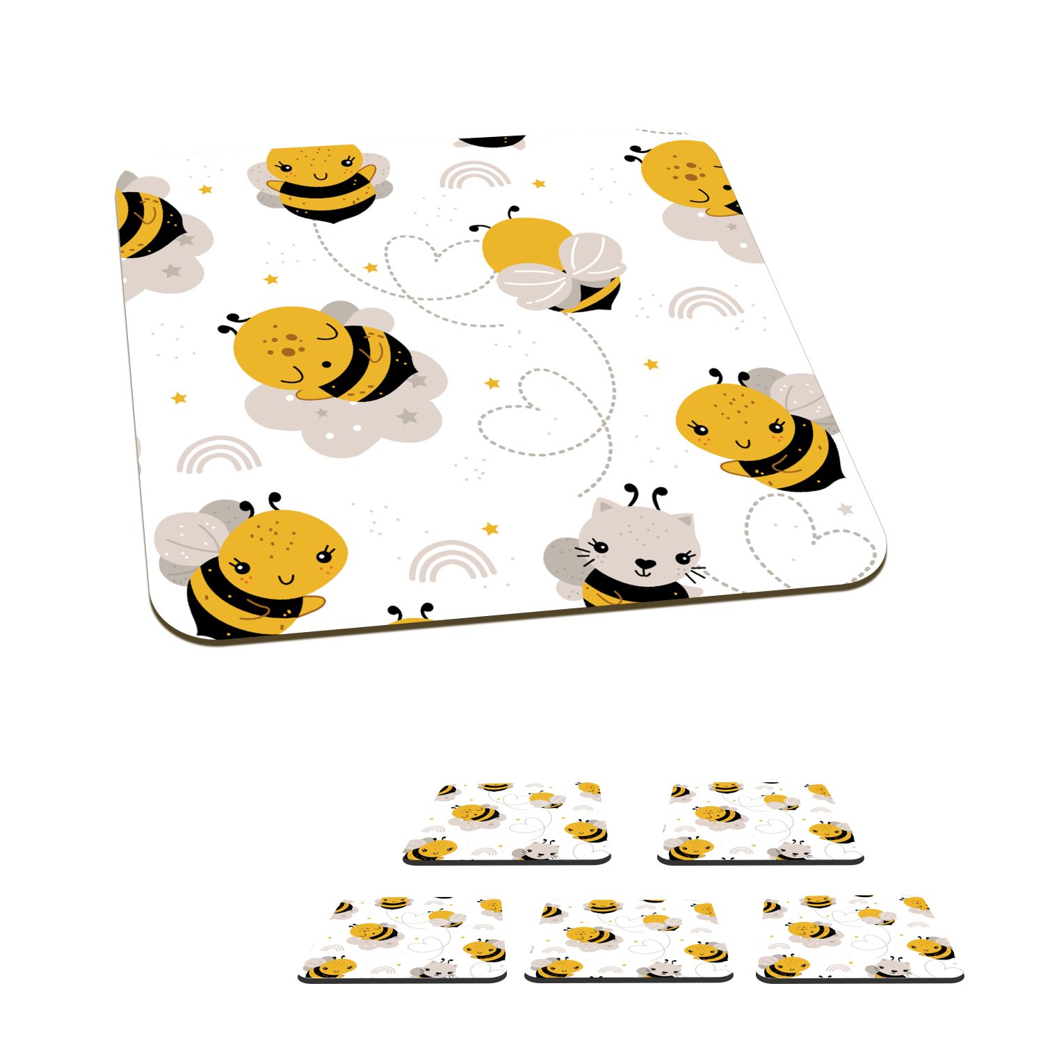 MuchoWow Glasuntersetzer Bienen - Muster - Kawaii, Zubehör für Gläser, 6-tlg., Glasuntersetzer, Tischuntersetzer, Korkuntersetzer, Untersetzer, Tasse