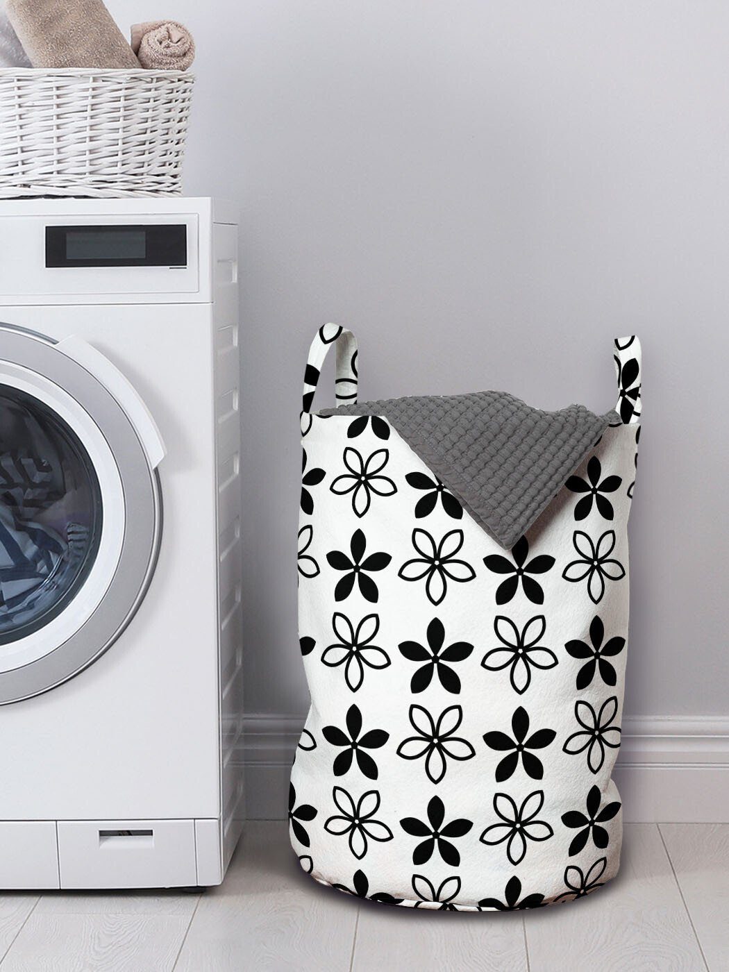 Abakuhaus Wäschesäckchen Wäschekorb mit Griffen Kordelzugverschluss Waschsalons, Blumen für Daisy-Blüten-Kunst Monochrome