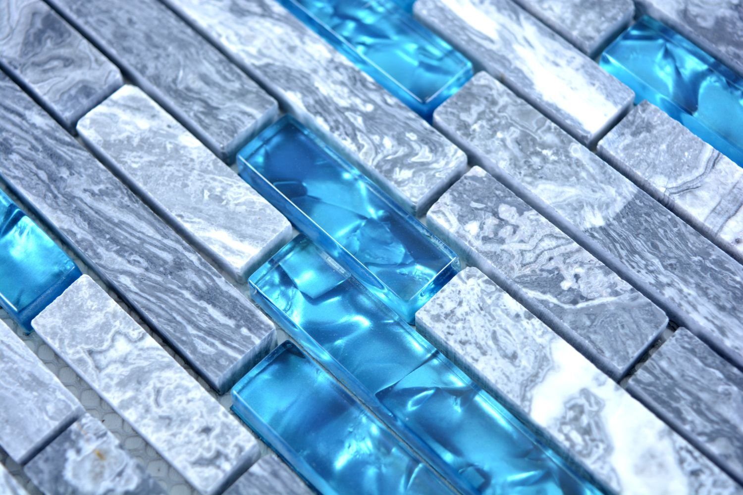 Mosani Wandfliese 0,87m² Marmor 10-teillig, Blau, Fliesen Glasmosik Mosaikfliesen Naturstein Grau Set, Dekorative Wandverkleidung