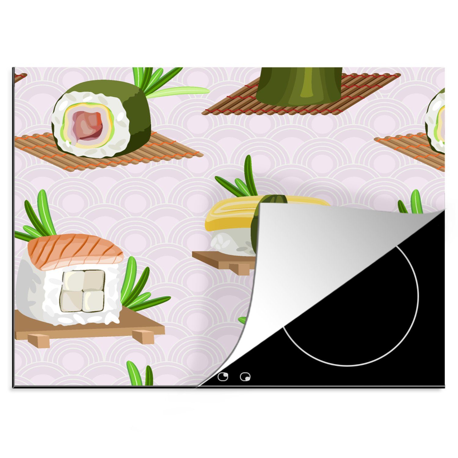 60x52 Arbeitsfläche Japan, Ceranfeldabdeckung MuchoWow Lebensmittel Sushi - Muster - - Herdblende-/Abdeckplatte Mobile cm, nutzbar, (1 tlg), Vinyl,