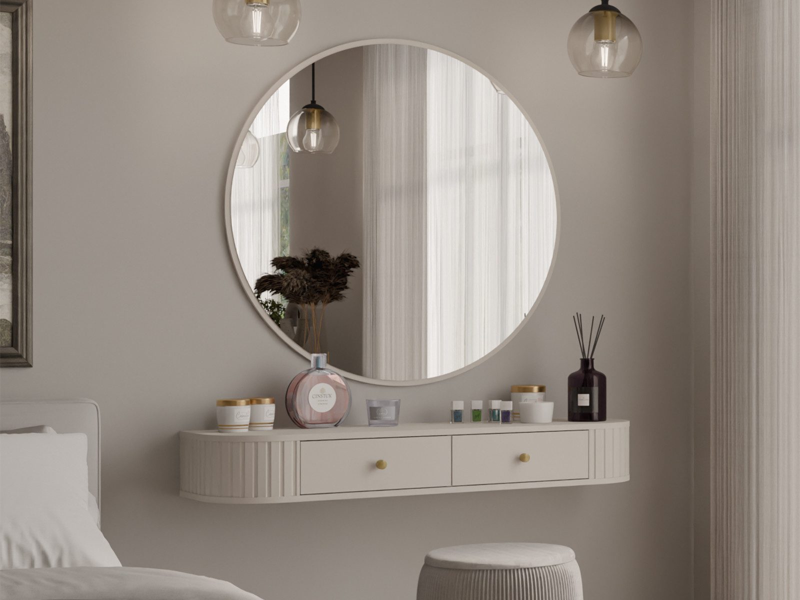 Compleo Schminktisch hängend mit Rund Spiegel, Stil Japandi oder Modern, Ei günstig online kaufen