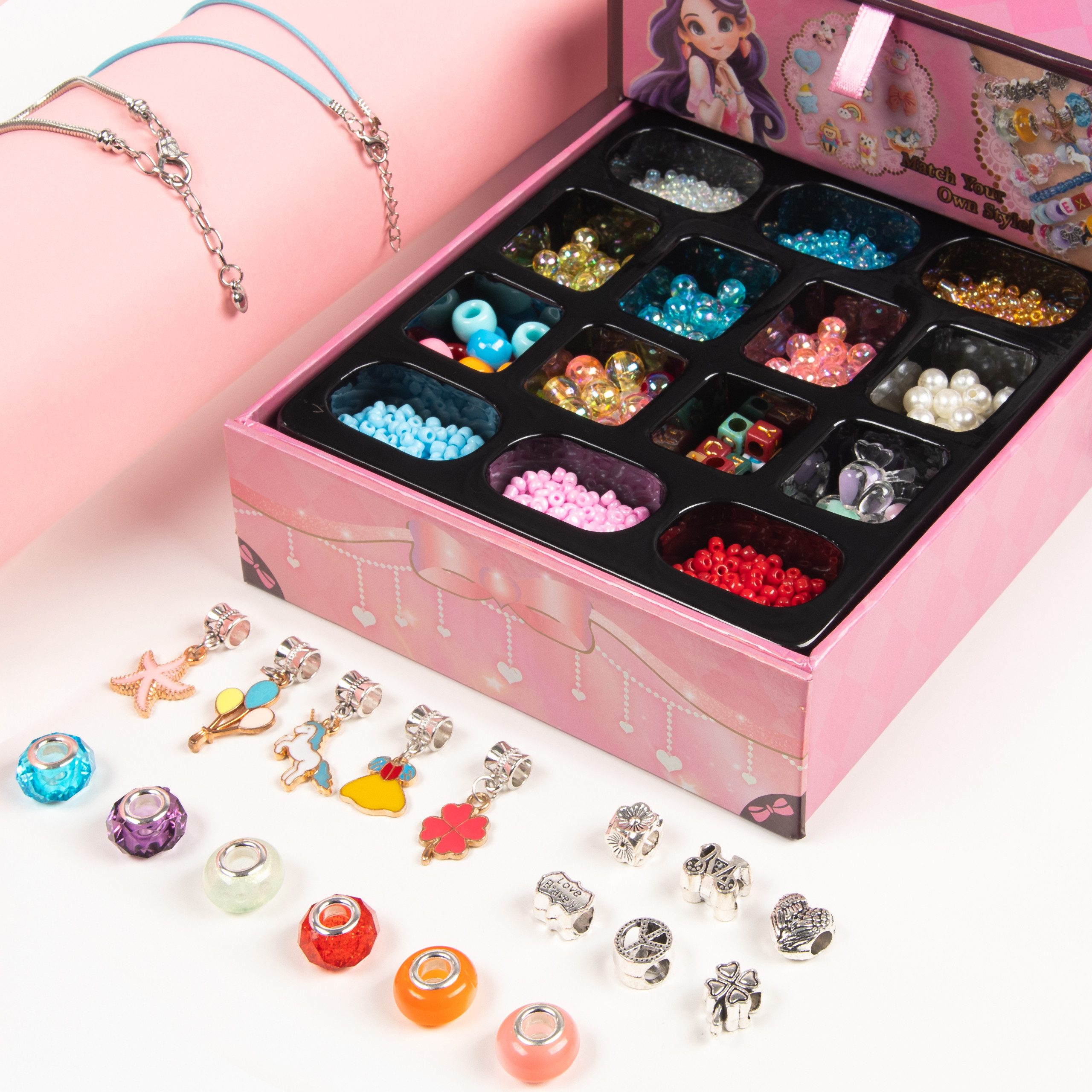 COIL Schmuckset Kinderschmuck, Perlen zum Auffädeln, Selbstbausatz, DIY (32-tlg), Kreativset, Charm Set, Armband, Kette, Haarschmuck