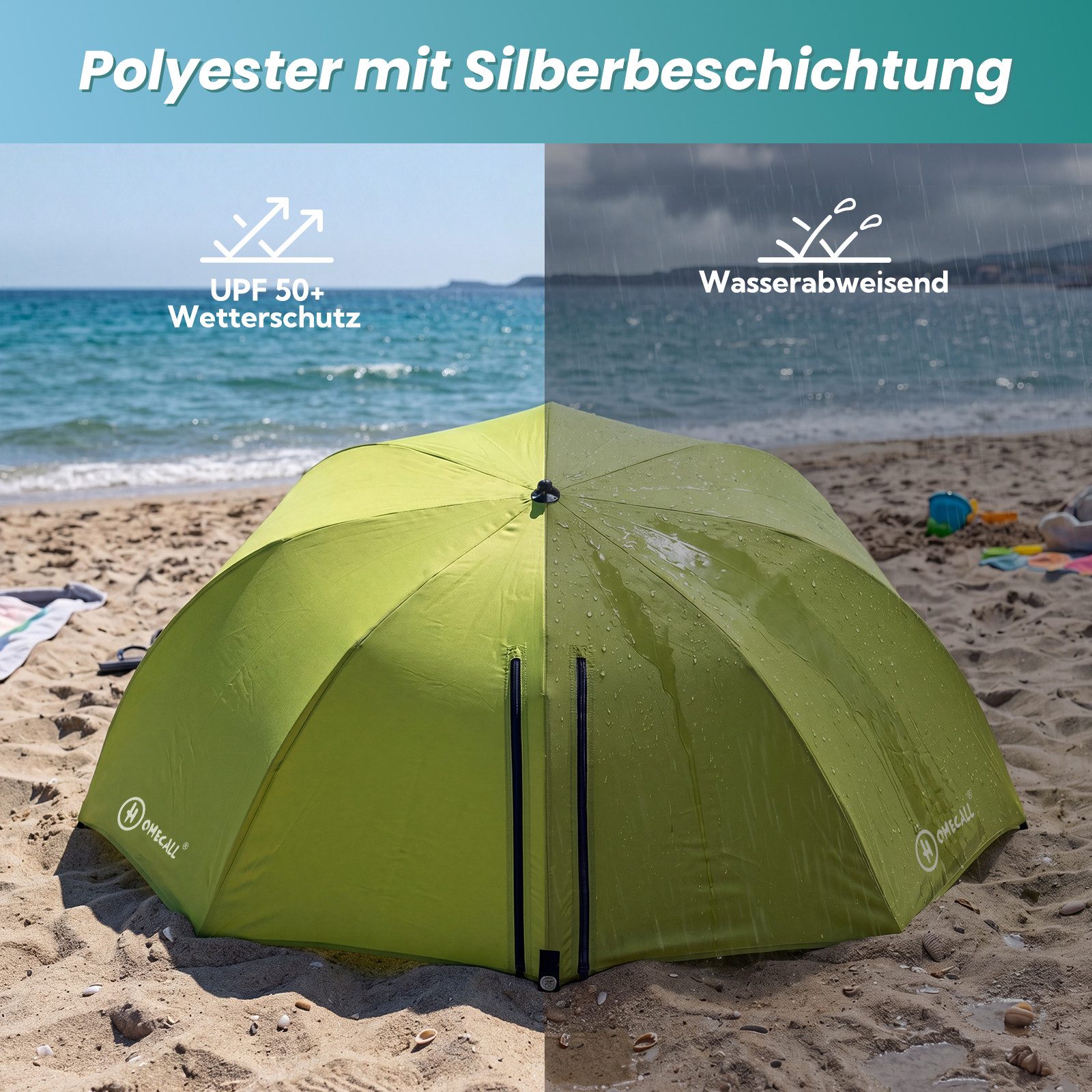 HOMECALL Strandmuschel 2 in 1 Strandschirm Umschaltbar Ø 270cm Sonnenschirm Strand Groß, (mit Fenster - Windschutz Strand, Regendicht, UV50+ Sonnenschutz), Gart – Bild 5 von 5