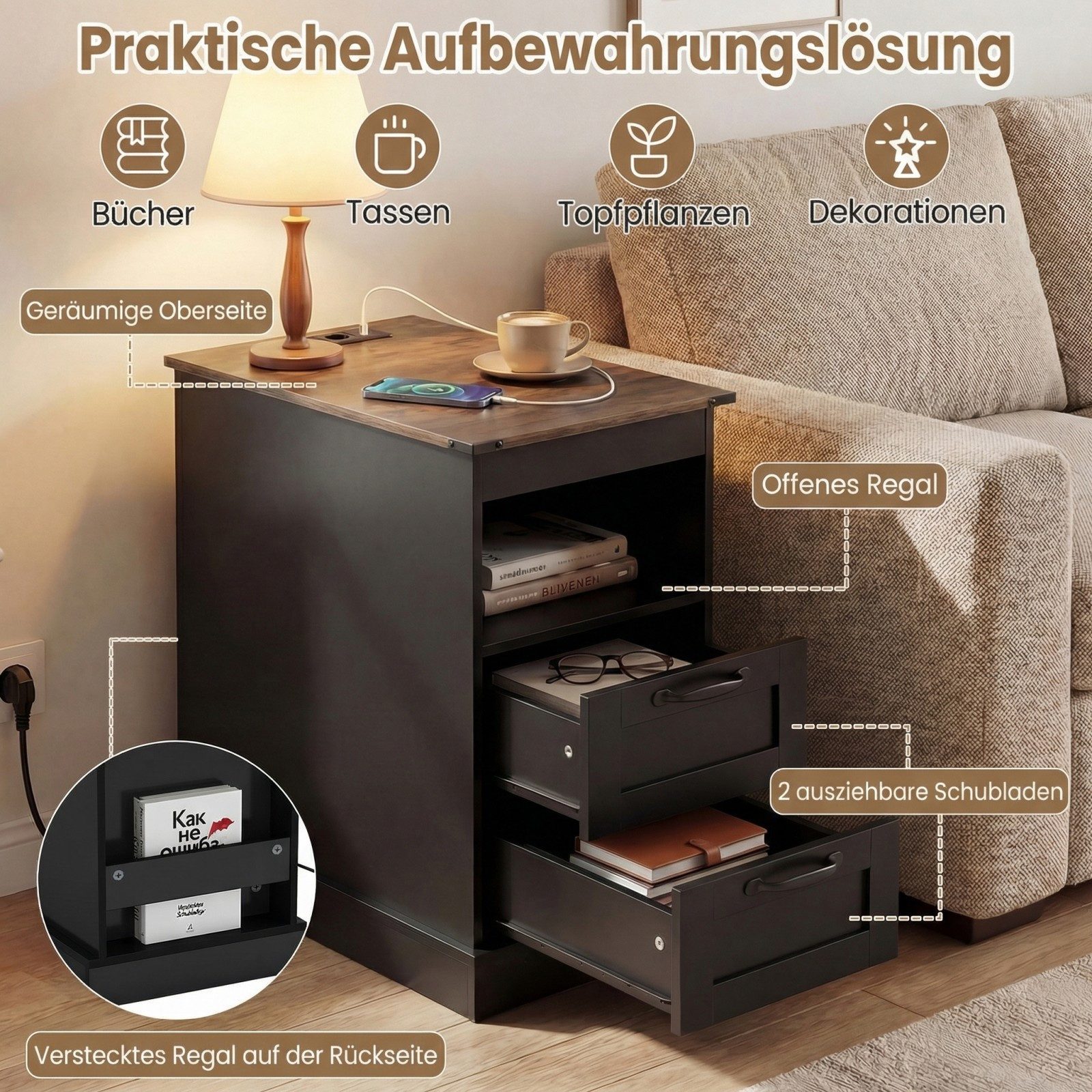 COSTWAY Beistelltisch, mit Ladestation, Nachttisch mit 2 Schubladen