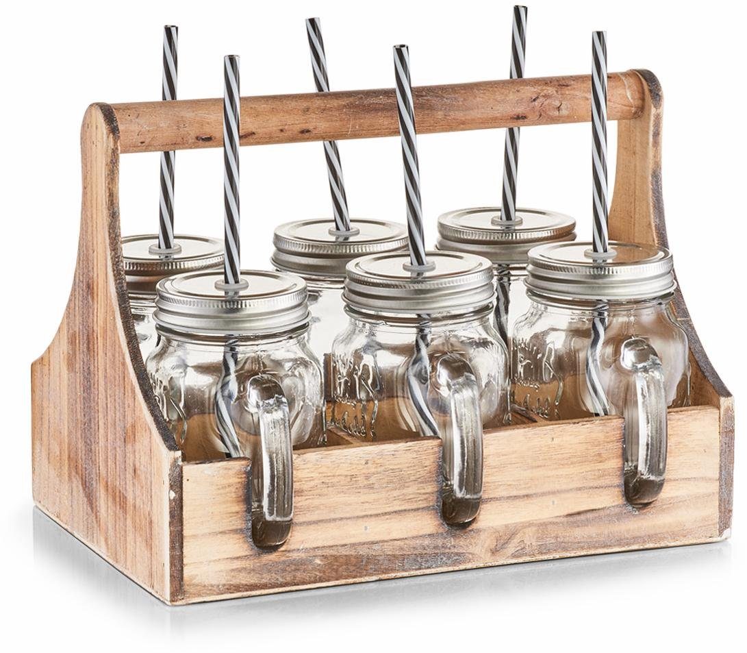Zeller Present Glas, 6-tlg., Glas, Holz, Metall, je 6 Gläser, Deckel und Strohhalme, in praktischer Holzkiste