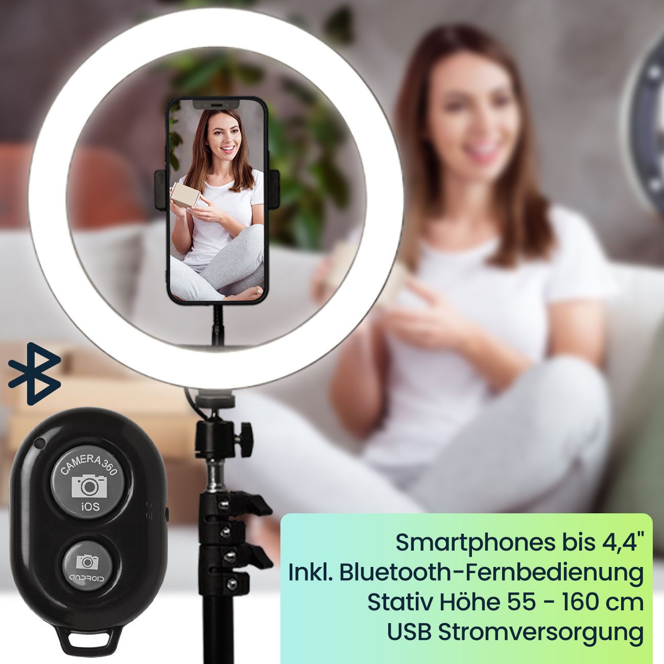 Casativo Professionelles LED-Ringlicht, Stativ-Ständer und Smartphone-Halterung Studio-Blitzgerät, (Fernauslöser, Ø 10" / 25 cm, App)