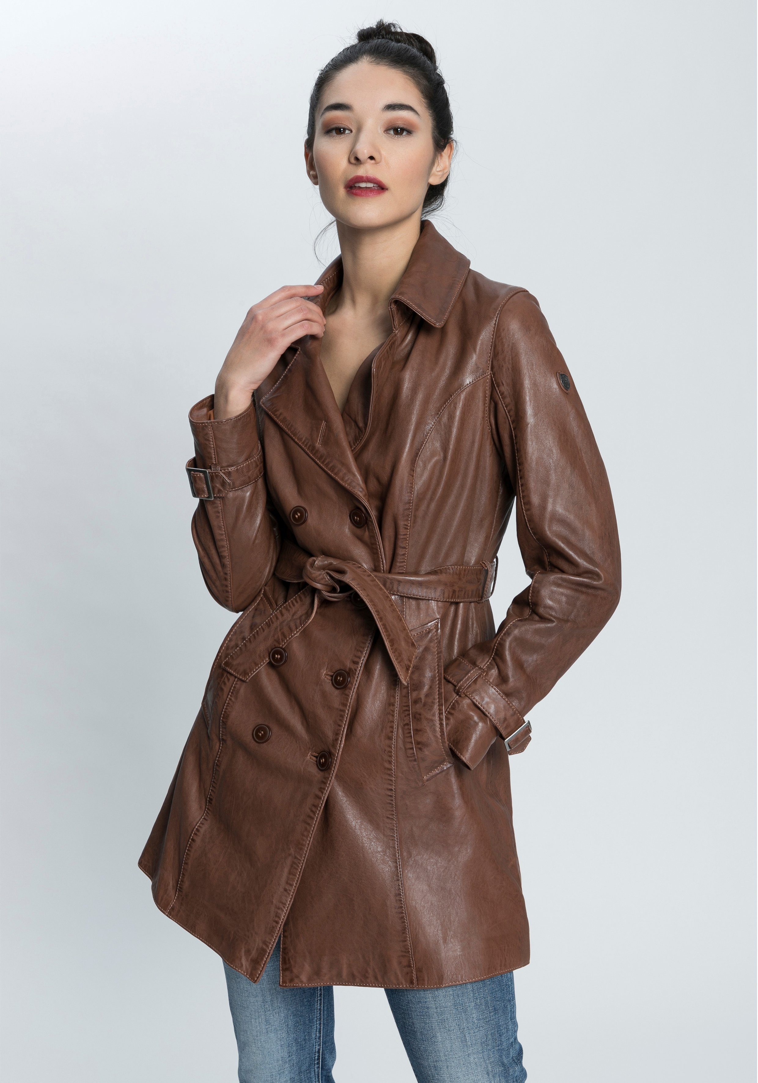 mit Leder-Trenchcoat Ledermantel Bindegürtel) mit braun Taresa femininer Bindegürtel Gipsy (2-tlg.,