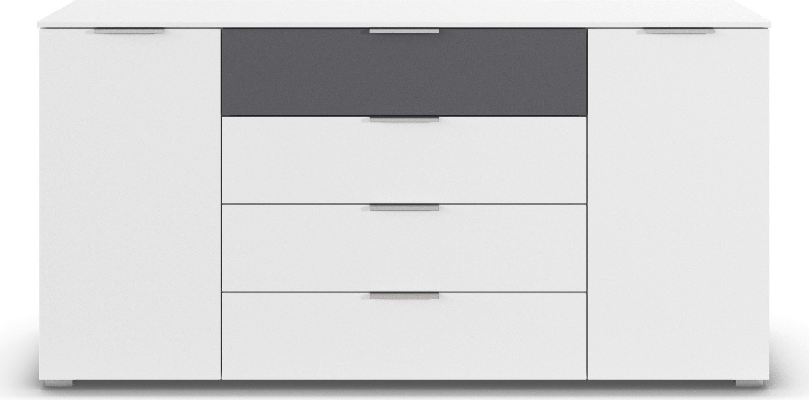 rauch Kombikommode Sideboard Türkommode Schubladenkommode Kommode ASTANA (Breite 160 cm / Höhe 81 cm, mit 4 Einlegeböden), 2-türig, 4 geräumige Schubladen, Kantengriff Alufarben MADE IN GERMANY