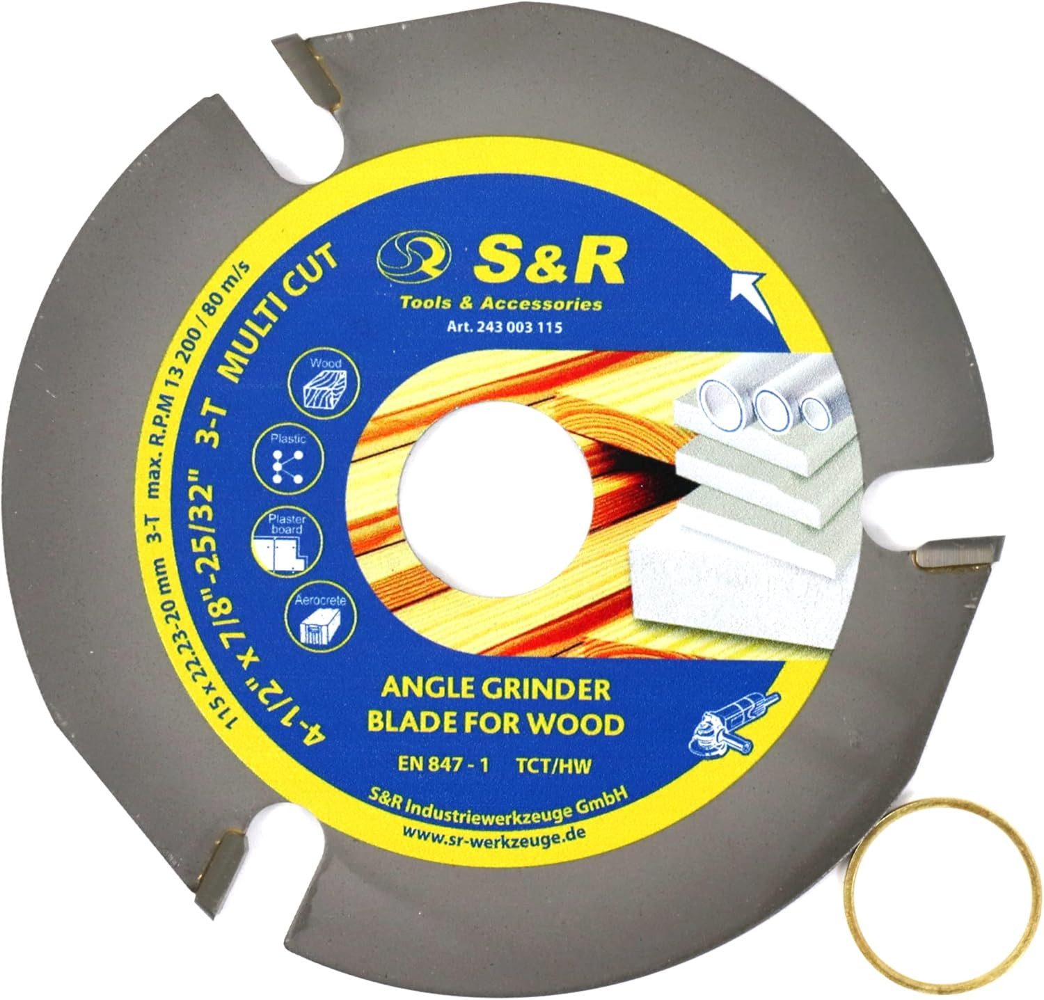 S&R Trennscheibe für Holz 115 mm, Multi Material, Wolframkarbid Hartmetall Zähne, Ø 115 mm, (115 mm x 3.8 mm x 22,23/20 mm mit Reduzierring), für Hartholz, Weichholz, Kunststoff, Gipskarton, Aerocrete