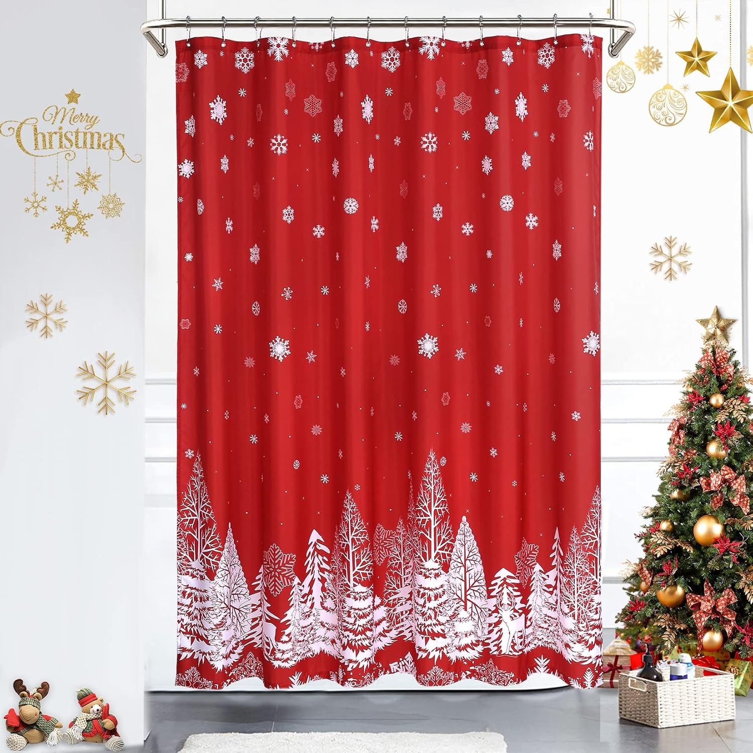 GarveeMore Duschvorhang Weihnachts,gewichteter Boden, Weihnachtsbaum und Sc günstig online kaufen