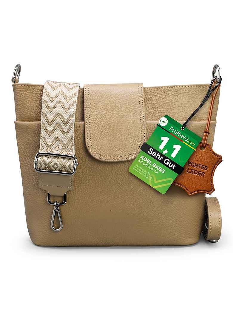 Adel Bags Schultertasche SARA Umhängetasche Damen Taupe aus Echtleder Crossbody (Test SEHR GUT, Note 1.1), 20 Farboptionen, Hergestellt in Italien, mit 2 Riemen