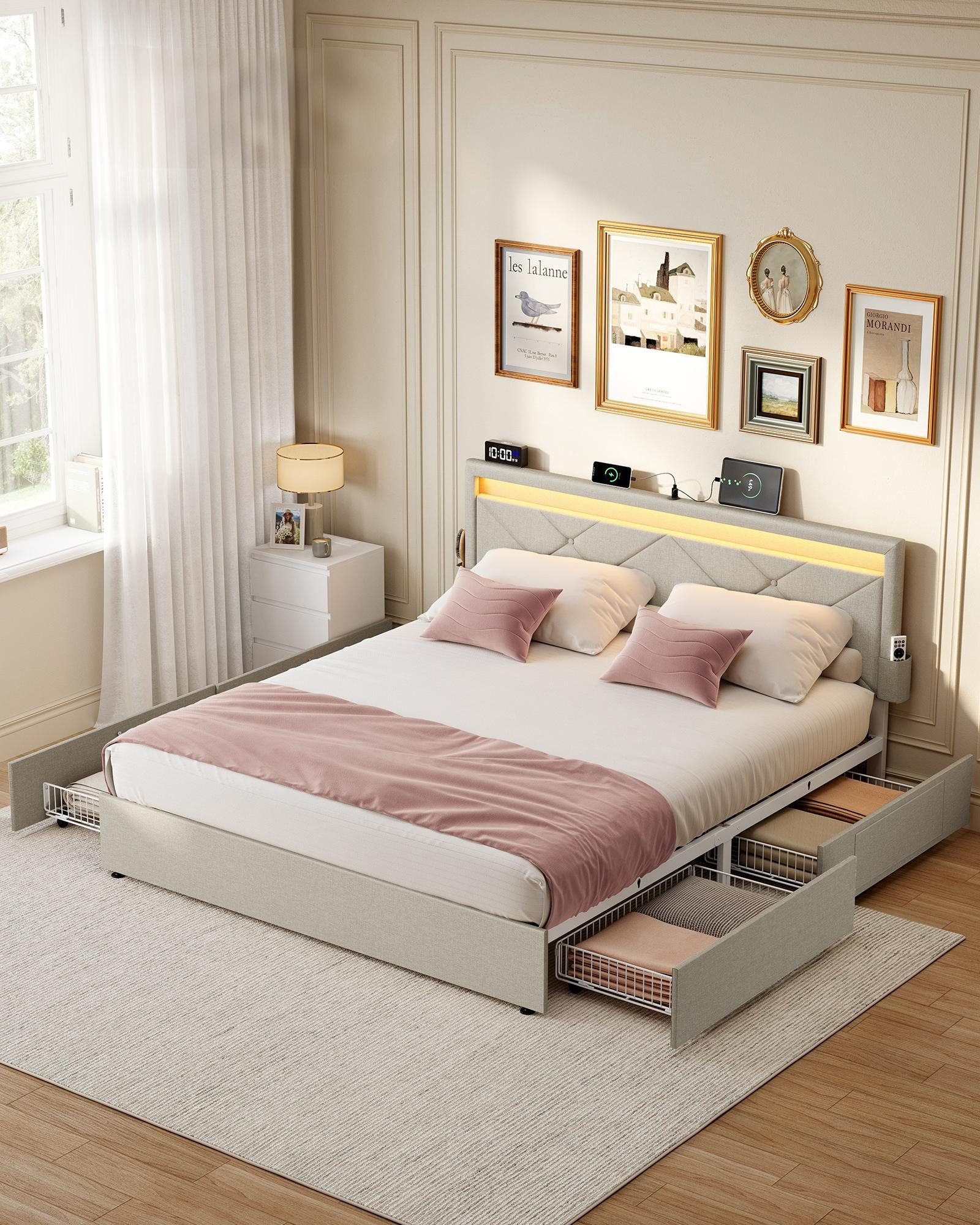 VASAGLE Polsterbett (140 x 200 cm, 4 Schubladen, verstellbares gepolstertes günstig online kaufen