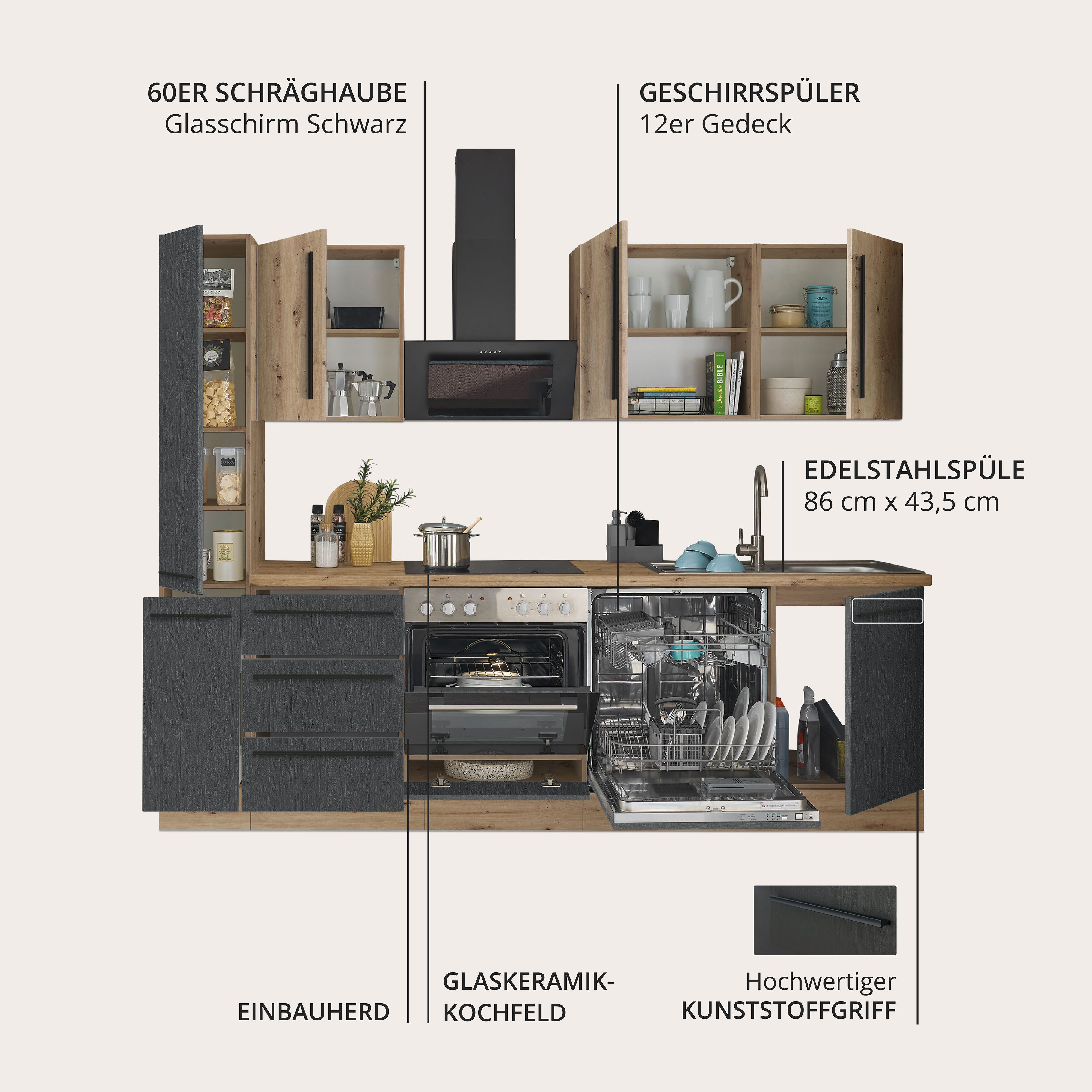 KOCHSTATION Küchenzeile Florida, Breite 250 cm, wahlweise mit E-Geräten,Softclose für Türen/Schubkästen