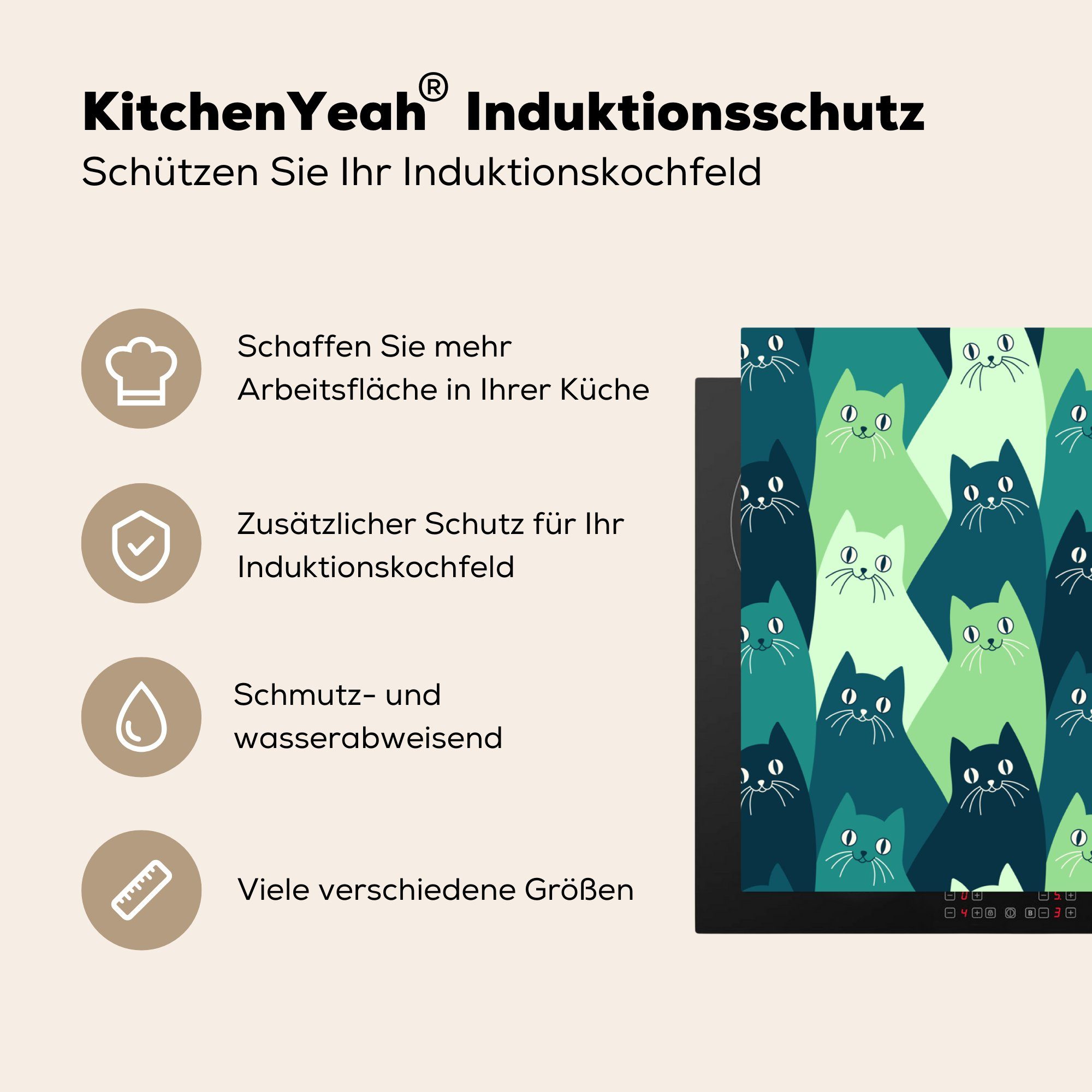 MuchoWow Herdblende-/Abdeckplatte Katzen tlg), cm, Grün, - 83x51 für Vinyl, küche Ceranfeldabdeckung, Arbeitsplatte Muster - (1