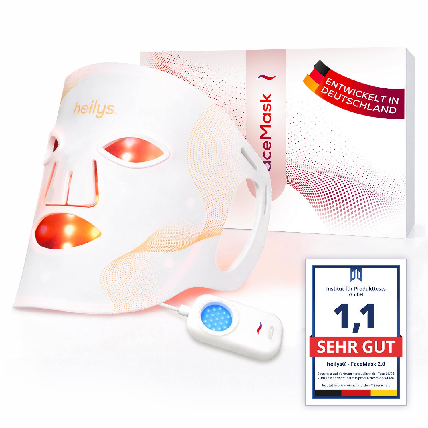 heilys® LED-Gesichtsmaske heilys® FaceMask 2.0, Lichttechnologie für Hautpflege zuhause, Rotlicht Infrarot, Blue-Light Spot, kabellos, RoHS-konform