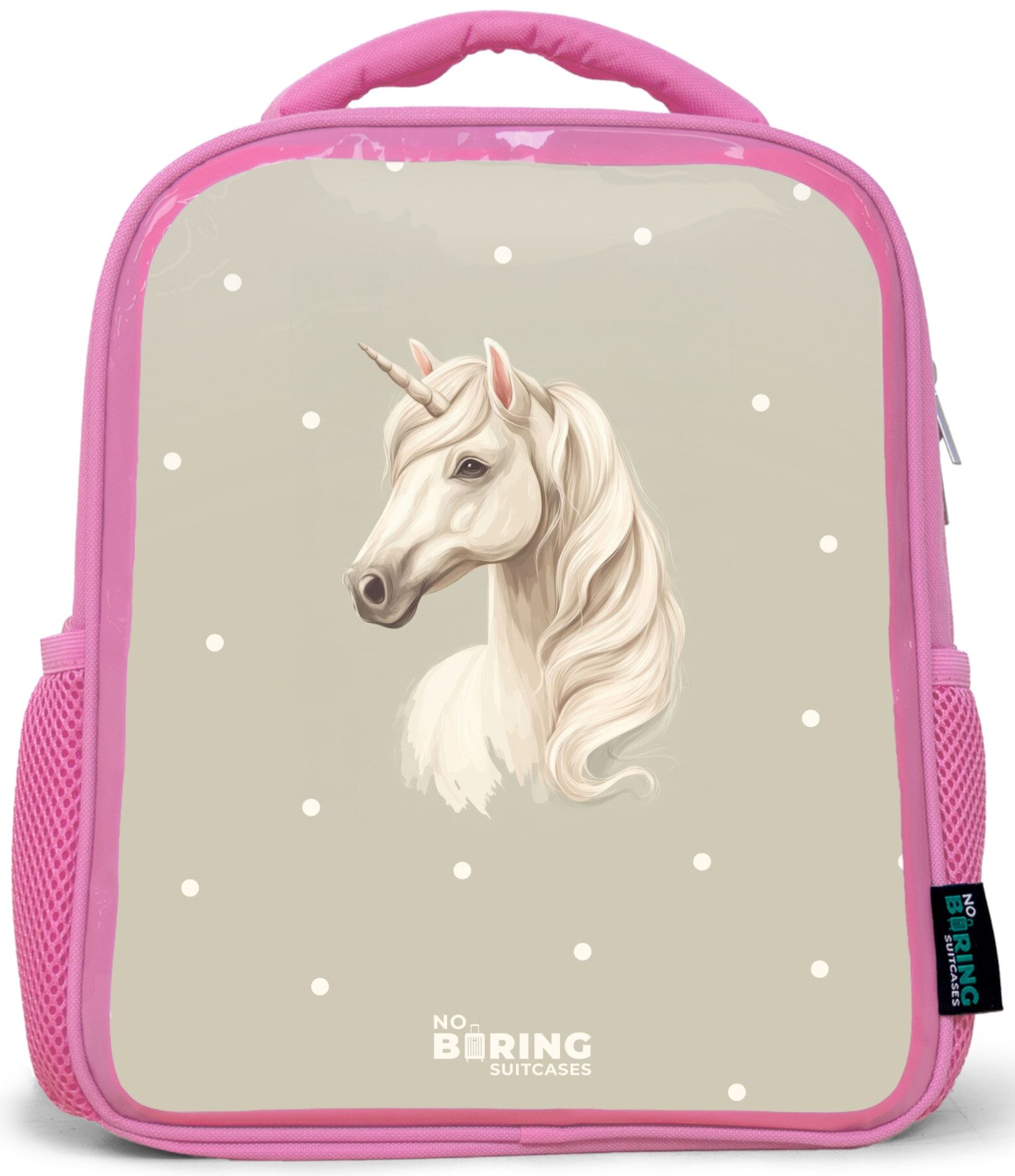 NoBoringSuitcases.com© Rucksack Rosa - Einhorn umgeben von Polka Dots in neutralen Farben, Kinderrucksack, Schulrucksack, Freizeitrucksack, Mädchen, Kindergarten