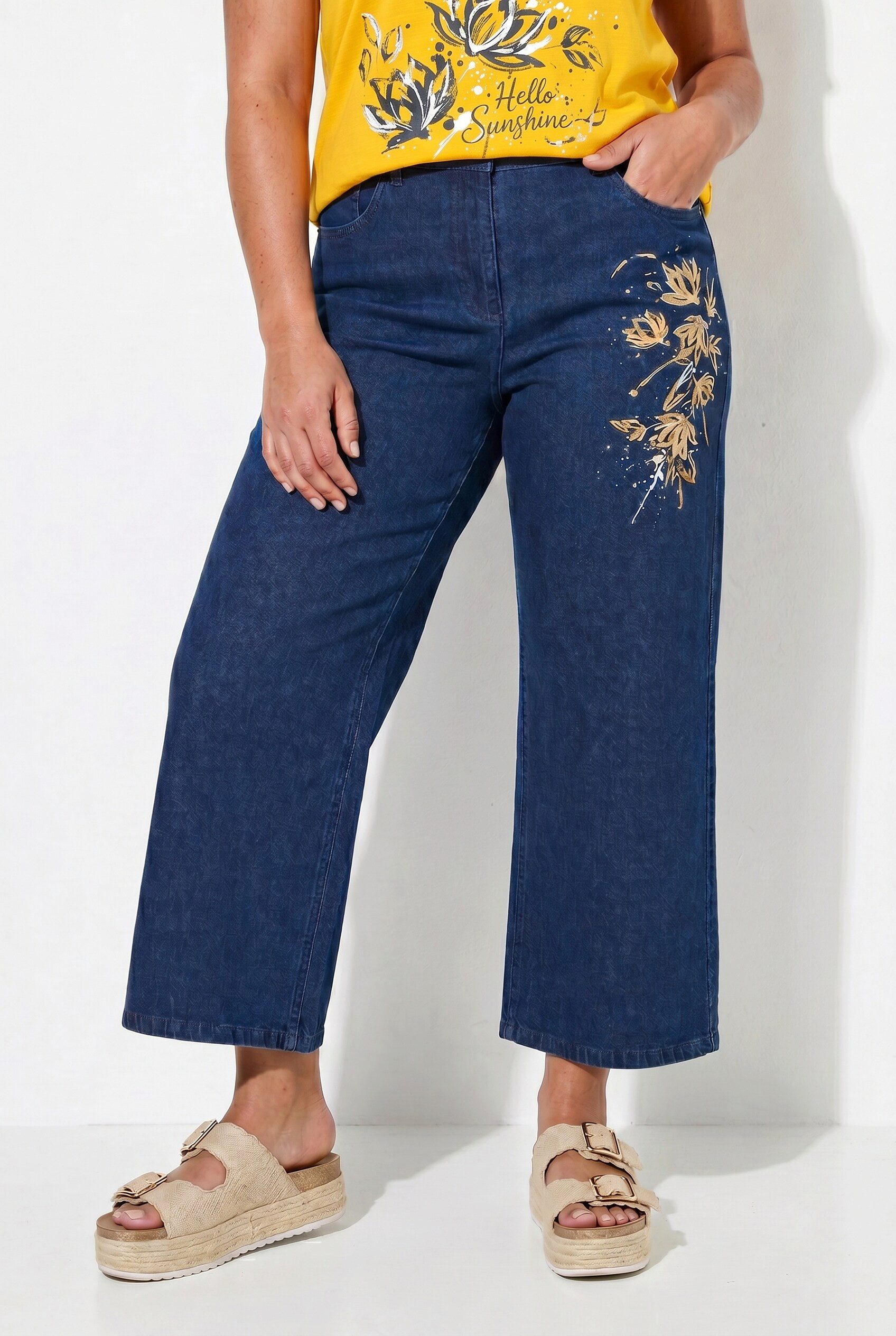 Angel of Style Regular-fit-Jeans Jeans-Culotte weites Bein Blumen-Motiv 5-Pocket