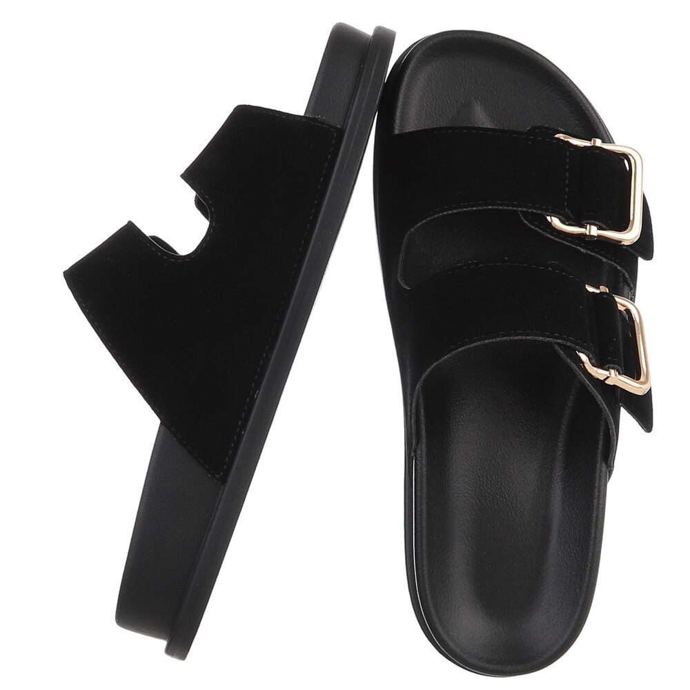 Ital-Design Damen Freizeitsandale mit Schnallen und Fußbett Pantolette (91971008) Flach Pantoletten in Schwarz