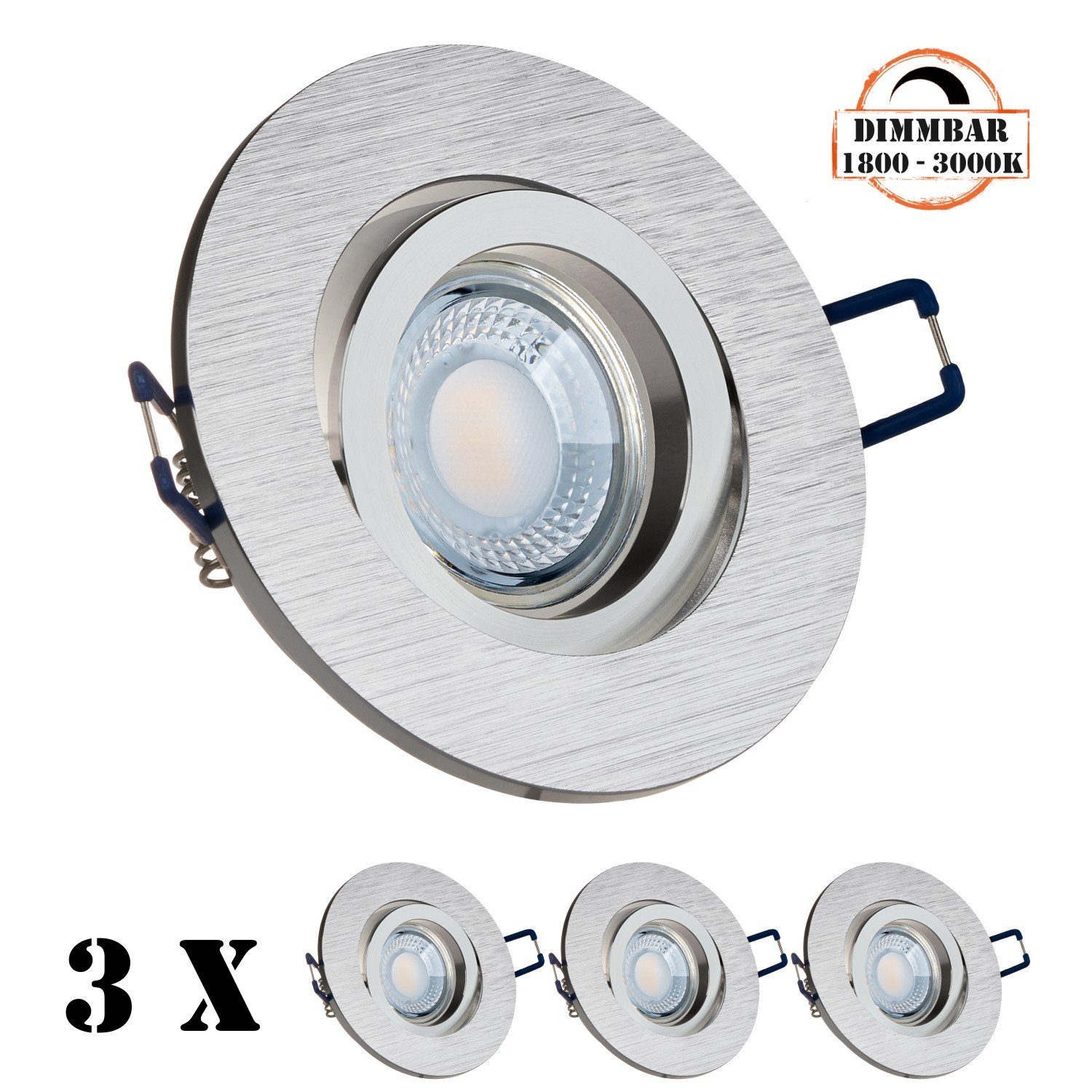 LEDANDO LED Einbaustrahler 3er LED Einbaustrahler Set extra flach in aluminium gebürstet mit 5W L | Strahler