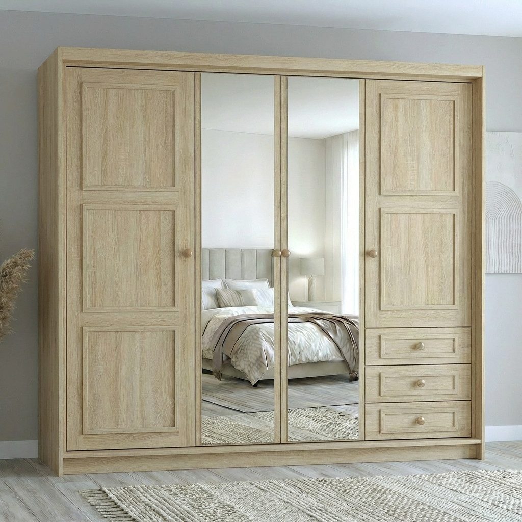 A&J MöbelLand GmbH Drehtürenschrank OSLO viertüriger Kleiderschrank mit Schubladen und Metallgriffen (Geräumiger viertüriger Kleiderschrank mit Schubladen und Metallgriffen. Geräumiger Schrank mit einer Breite von 200 cm und Schubladen, ideal zur Aufbewahrung von Kleidung und Accessoires. Viel Stauraum. TOP PRODUKT! Wählen Sie das ideale Modell für Ihr Schlafzimmer!, TOP ANGEBOT) Breite: 200 cm, Höhe: 215 cm, Tiefe: 59,5 cm