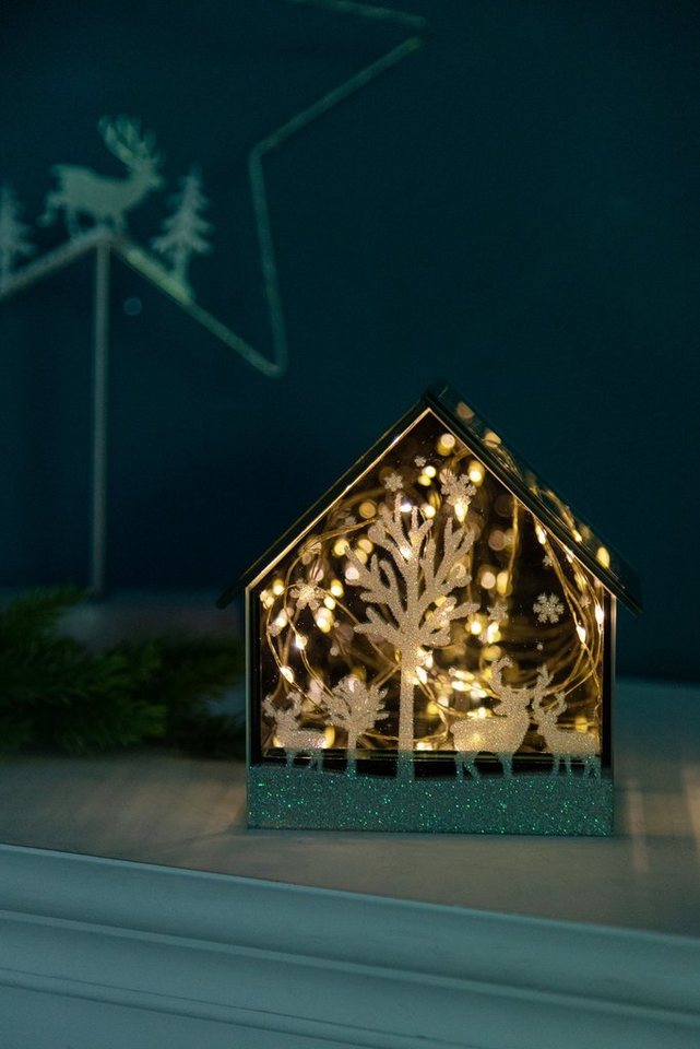 Wohnando LED Dekoobjekt Spiegel Weihnachtshaus mit LED-Beleuchtung,  Winter-Dekoration