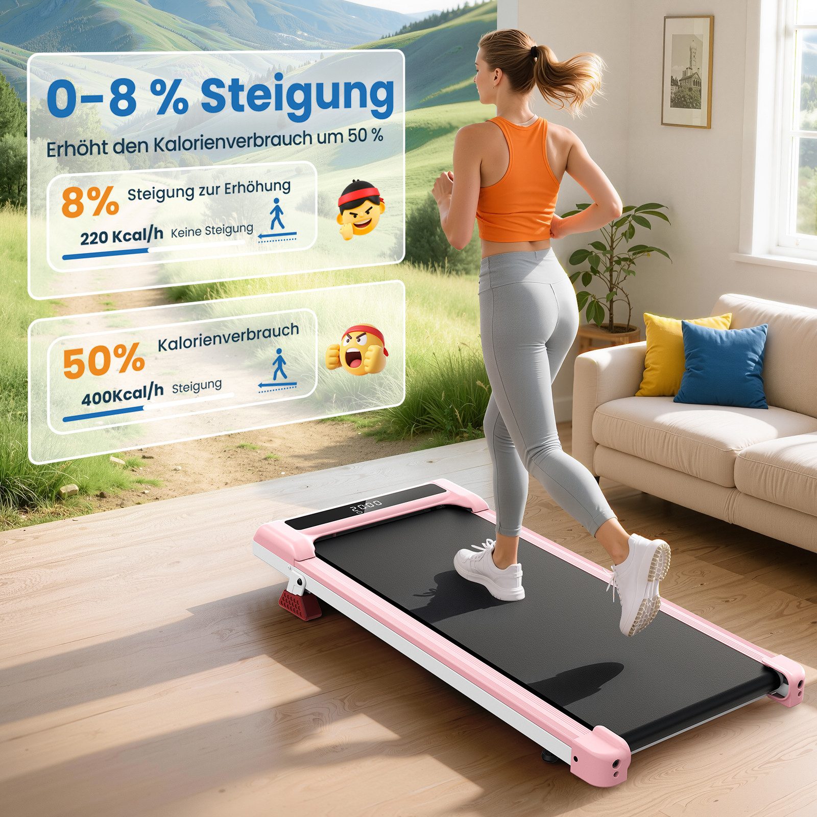 Hamlody Laufband Klappbare Laufbänder 3 in 1 - Laufband mit 8% Steigung - 1-10 km/h (Abmessungen im zusammengeklappten Zustand: 1076 x 526 x 89 mm), Geschwindigkeitsanzeige: 1-10 km/h