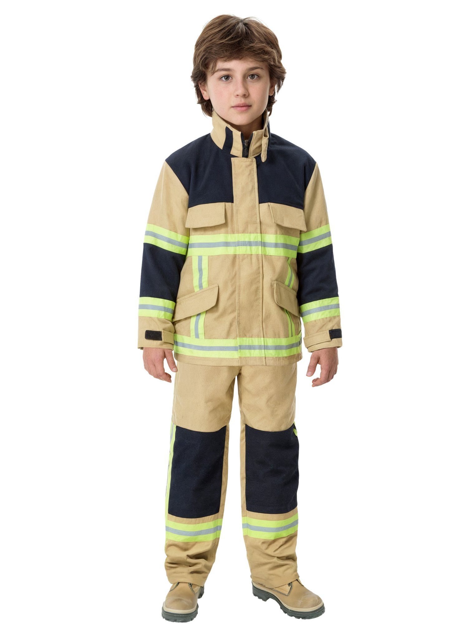 Maskworld Kostüm Feuerwehrmann - Karneval Faschingskostüm Kinder, Sandfarbene Kinder-Uniform mit Aufdruck 'Feuerwehr'