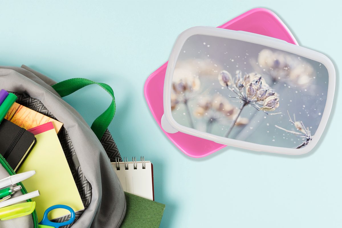 Kinder, - (2-tlg), rosa Brotdose Lunchbox Kunststoff, MuchoWow für Kunststoff Winter - - Erwachsene, Botanisch, Schnee Eis - Snackbox, Brotbox Blumen Mädchen,