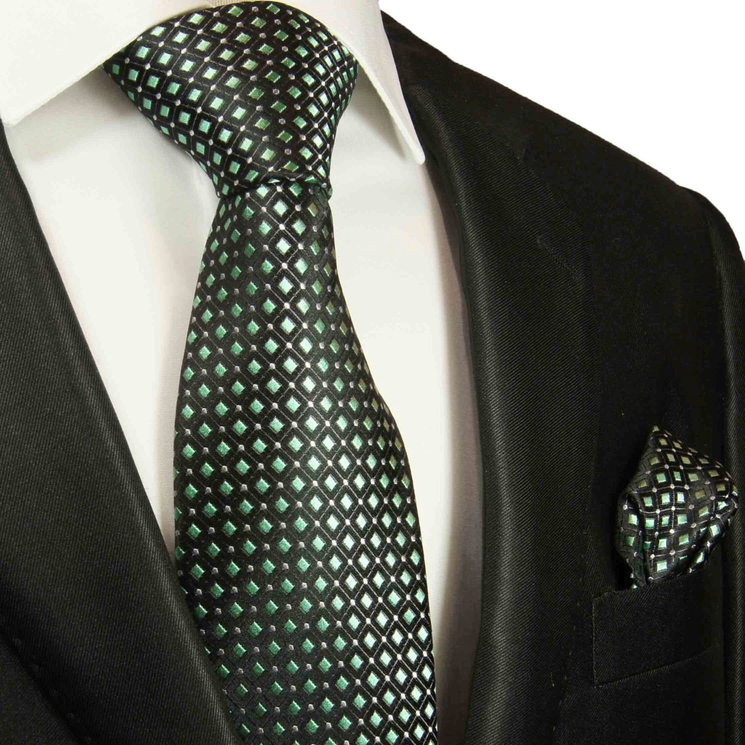 Paul Malone Krawatte Herren Seidenkrawatte mit Tuch modern gepunktet 100% Seide (Set, 2-St., Krawatte mit Einstecktuch) Schmal (6cm), Extra lang (165cm), grün 2047