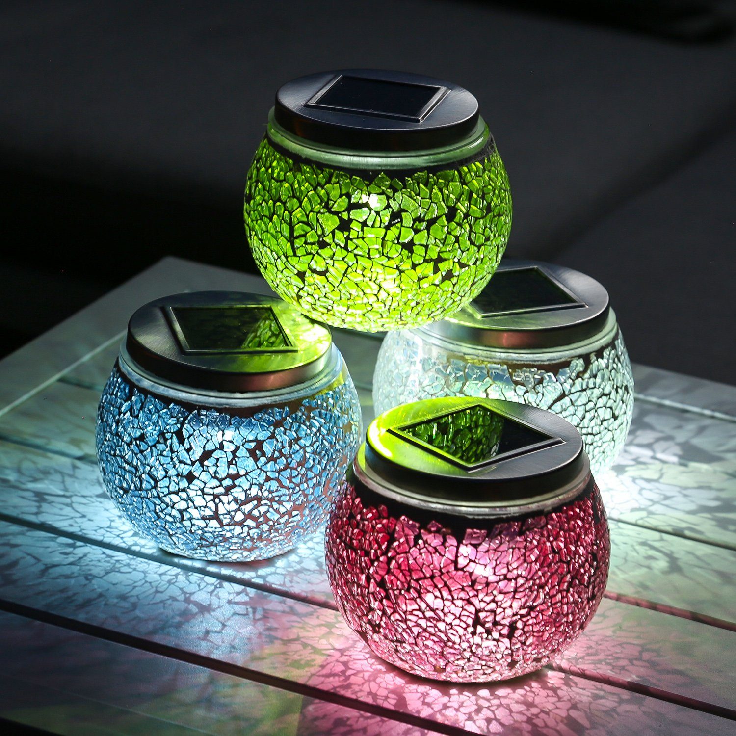 Solarbetriebenes Mosaik-Tischlicht mit Farbwechsel Crackle-Glas, mehrfarbig Weihnachtsdekoration Mosaik-Design LED-Nachtlicht für Schlafzimmer Terrasse Hof wasserdicht 