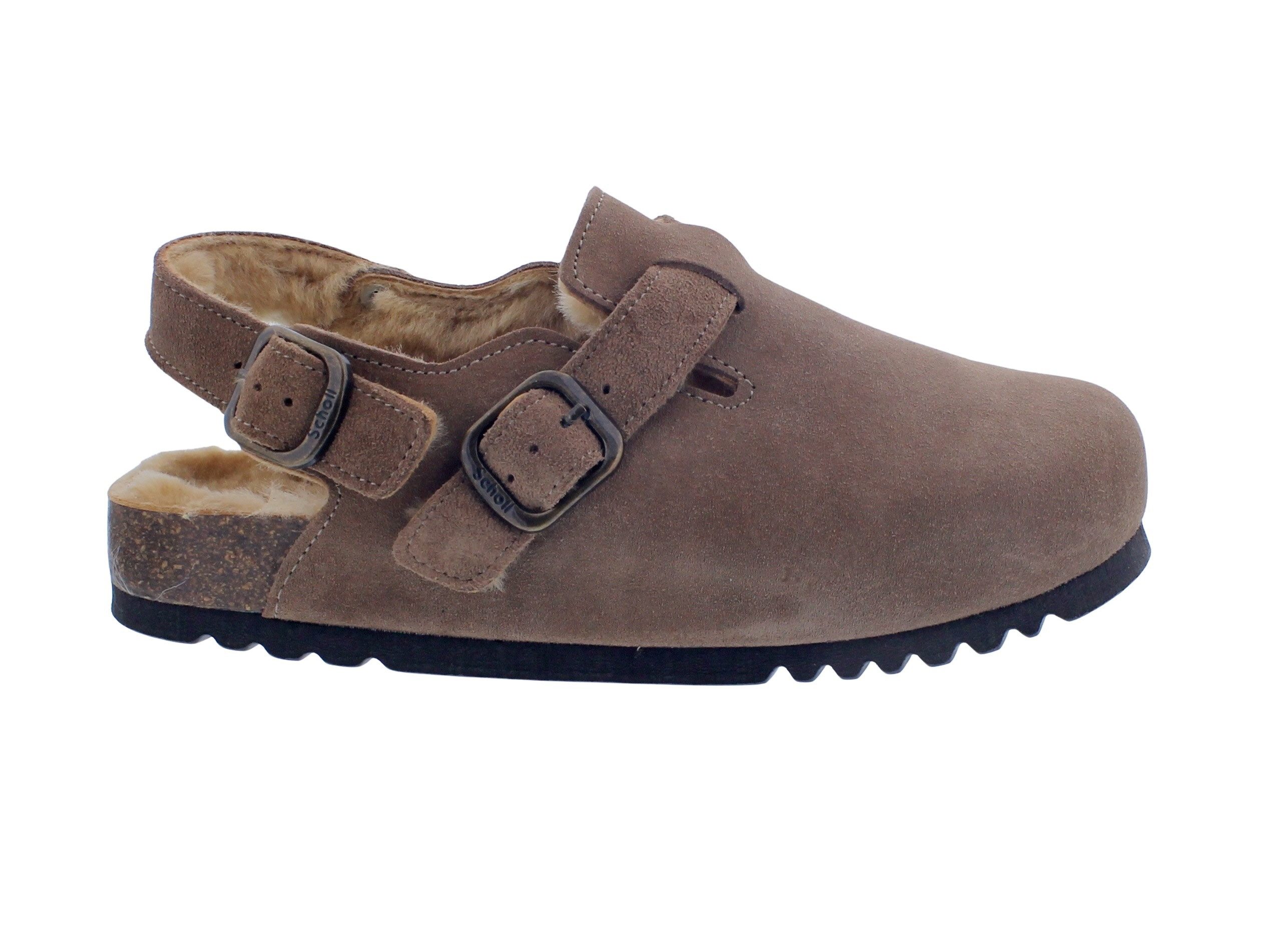 Scholl Scholl Fae Backstrap Clog Taupe Suede + Fur - Veloursleder mit Fell Clog
