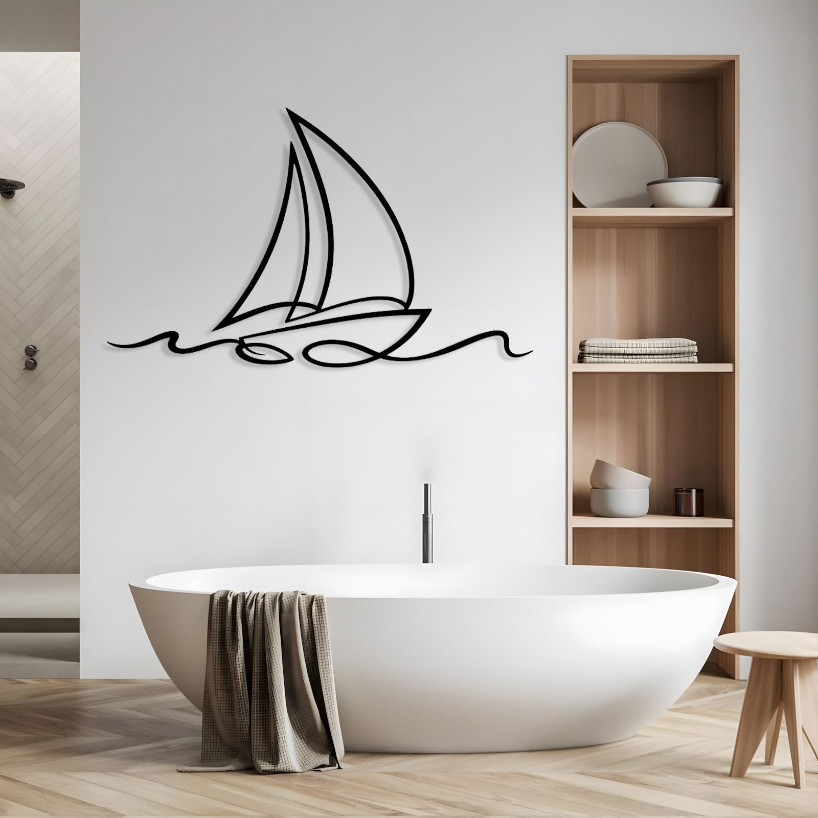 Jumpeak Wanddekoobjekt Metall Wandbild Segelboot, Wellen, Meer, Nautik Deko, Strichkunst, Metall, 4 Farben, 3 Größen, Wanddekoration für das Wohnzimmer,Freiheit