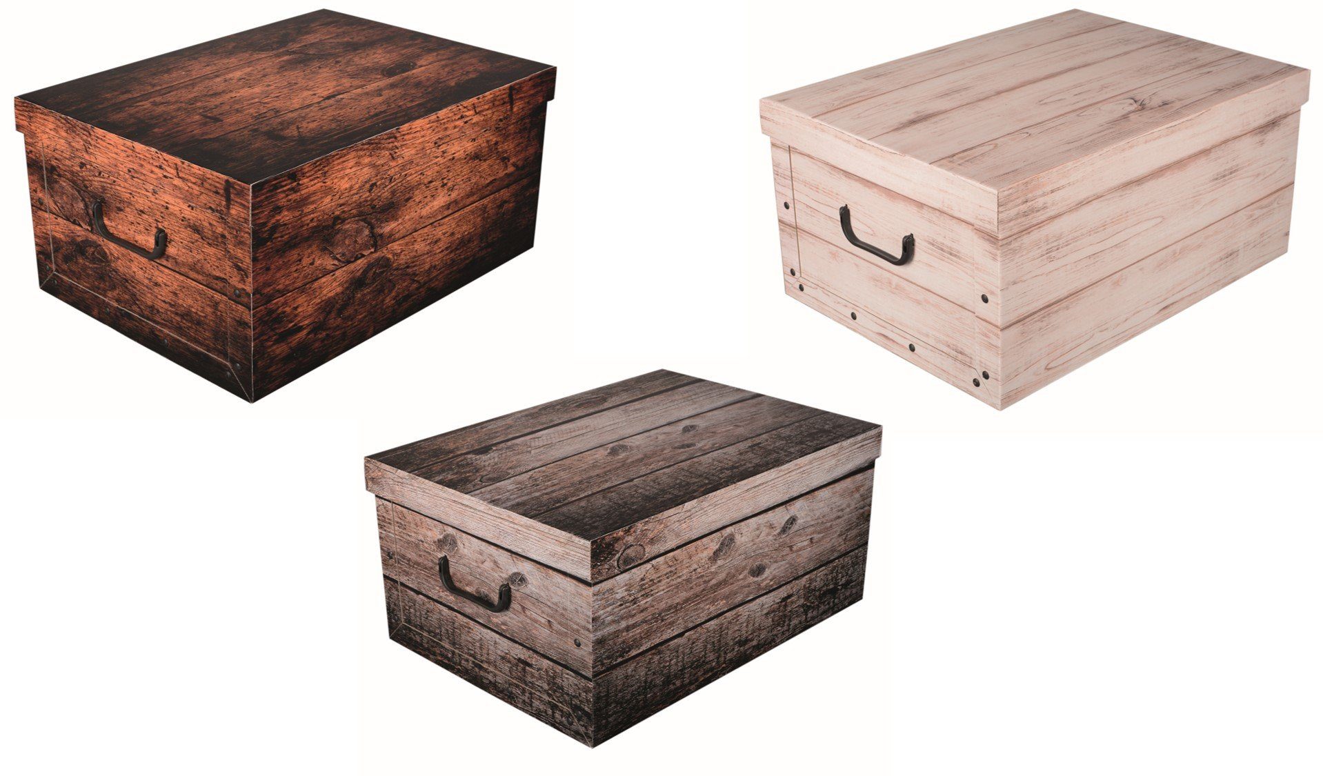 Kreher Aufbewahrungsbox Set: 3 x Dekokarton - Motiv: Holz Dunkel/ Shabby/ White