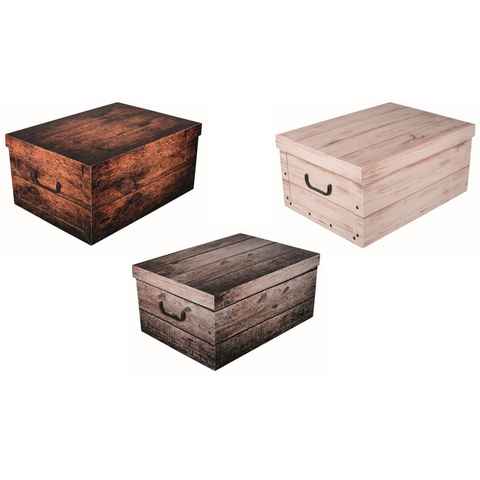 Kreher Aufbewahrungsbox Set: 3 x Dekokarton - Motiv: Holz Dunkel/ Shabby/ White